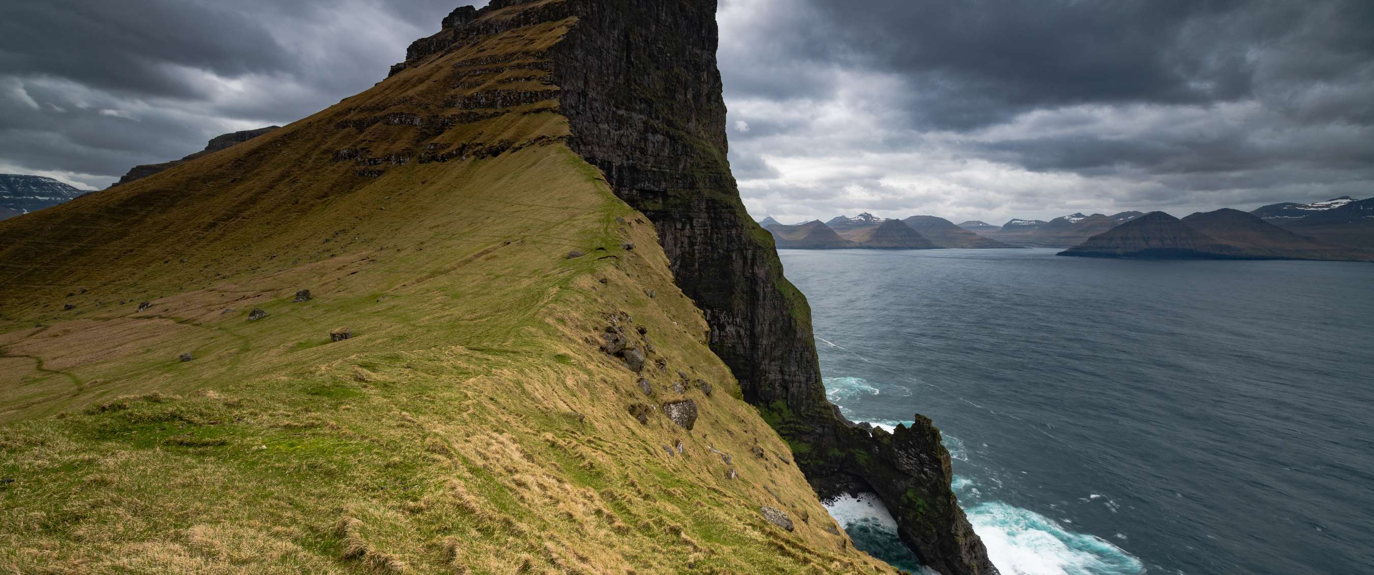 Steile grashelling langs donkere zeeklif met golven onder zware bewolking.