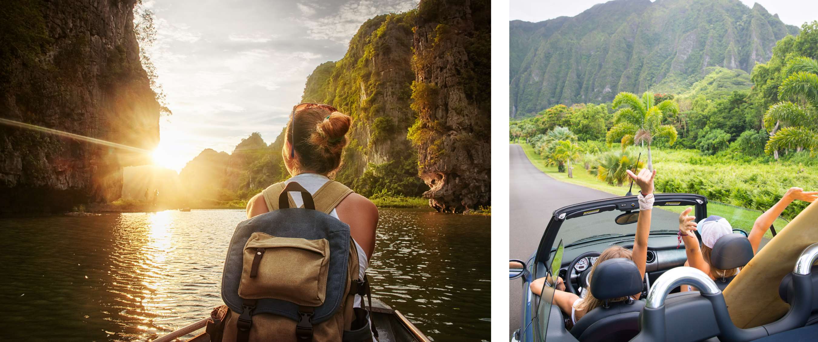 Twee beelden: reiziger met rugzak op water tussen hoge rotswanden; cabrio met twee inzittenden rijdend door tropisch bergachtig gebied