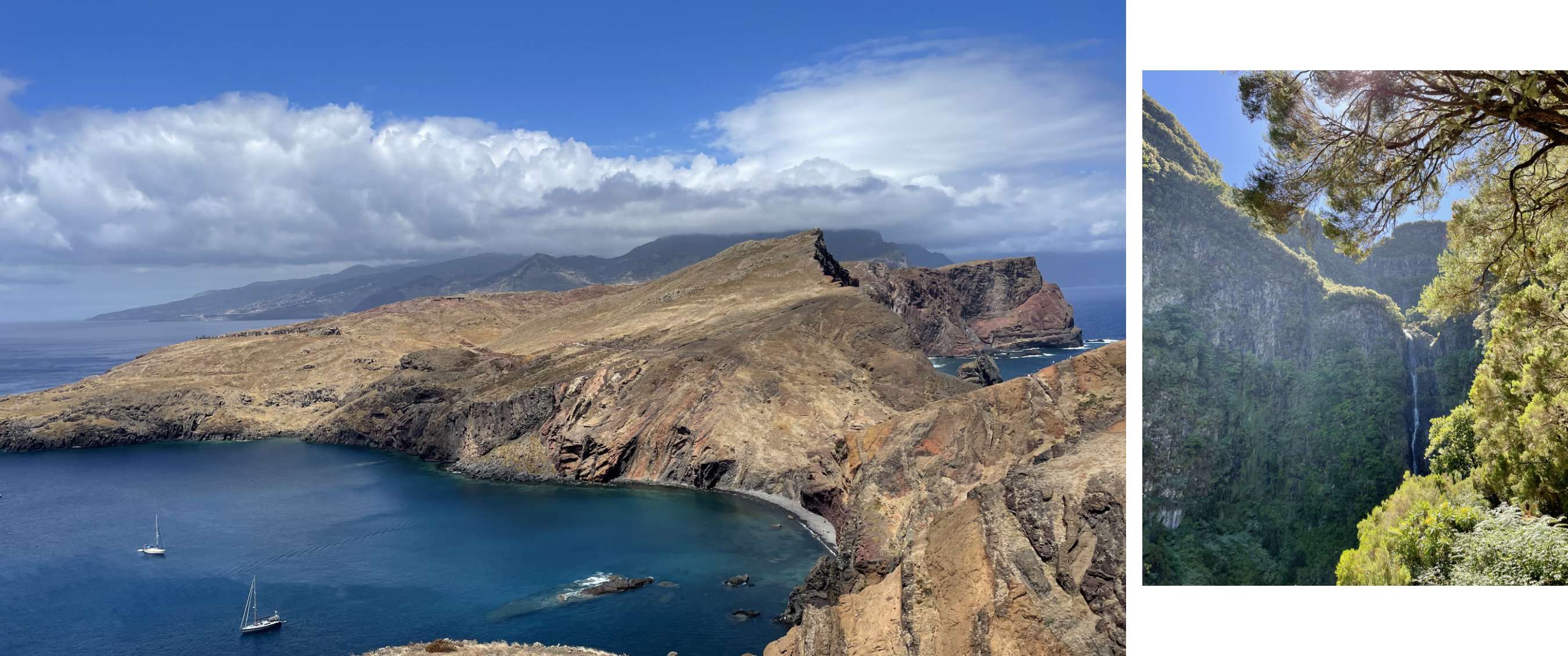 wee beelden: rotsachtige baai met zeilboten; waterval tussen groene kliffen