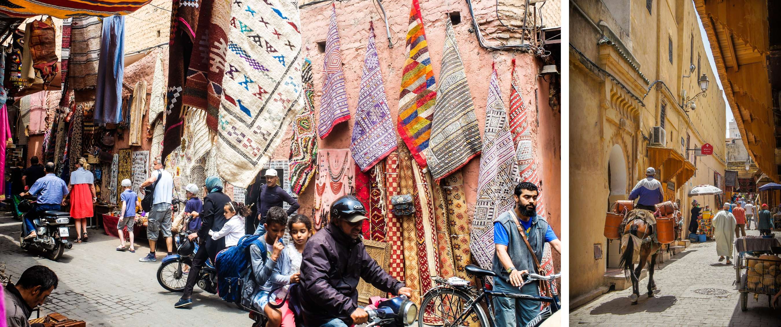 Twee beelden: kleurrijke tapijten boven een drukke souk; mensen en een ezel bewegen door een smalle straat.
