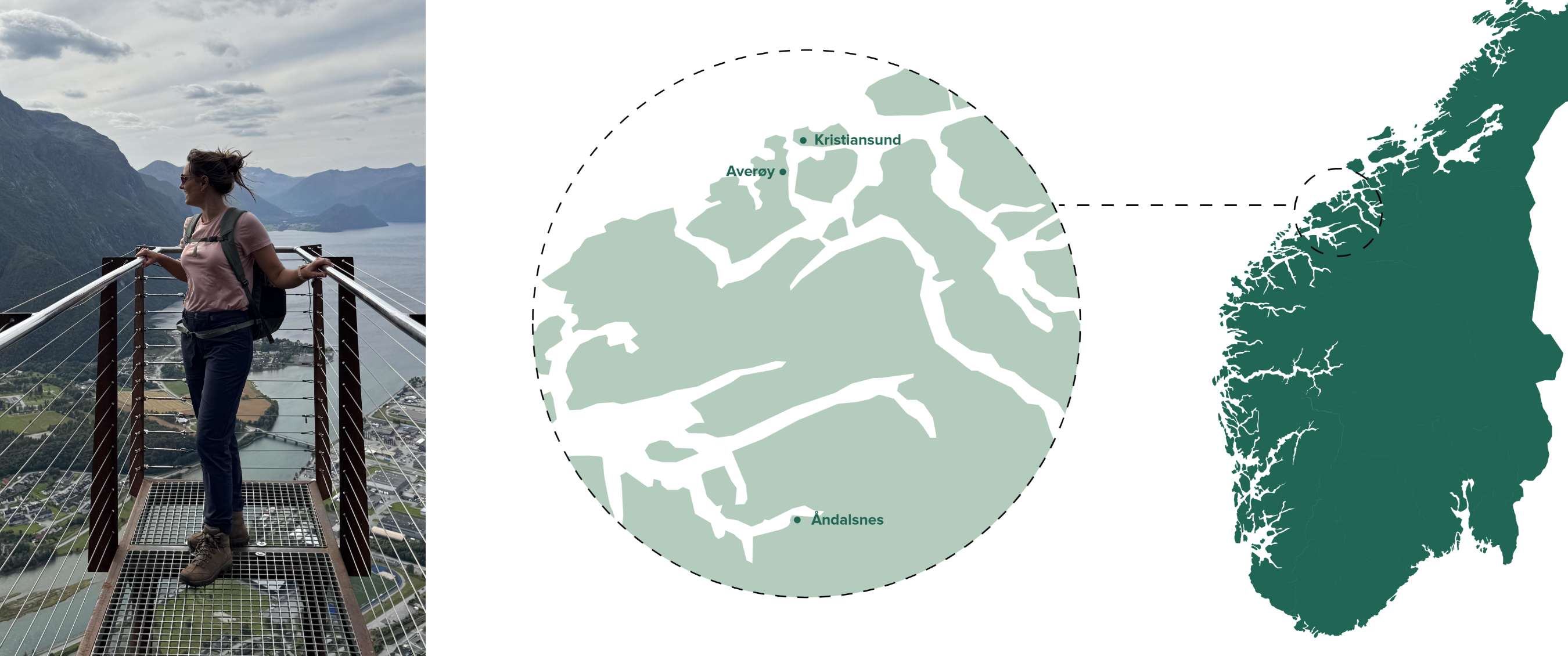 Kaart van Noorwegen met een uitvergroting van de regio rond Kristiansund, Averøy en Åndalsnes.