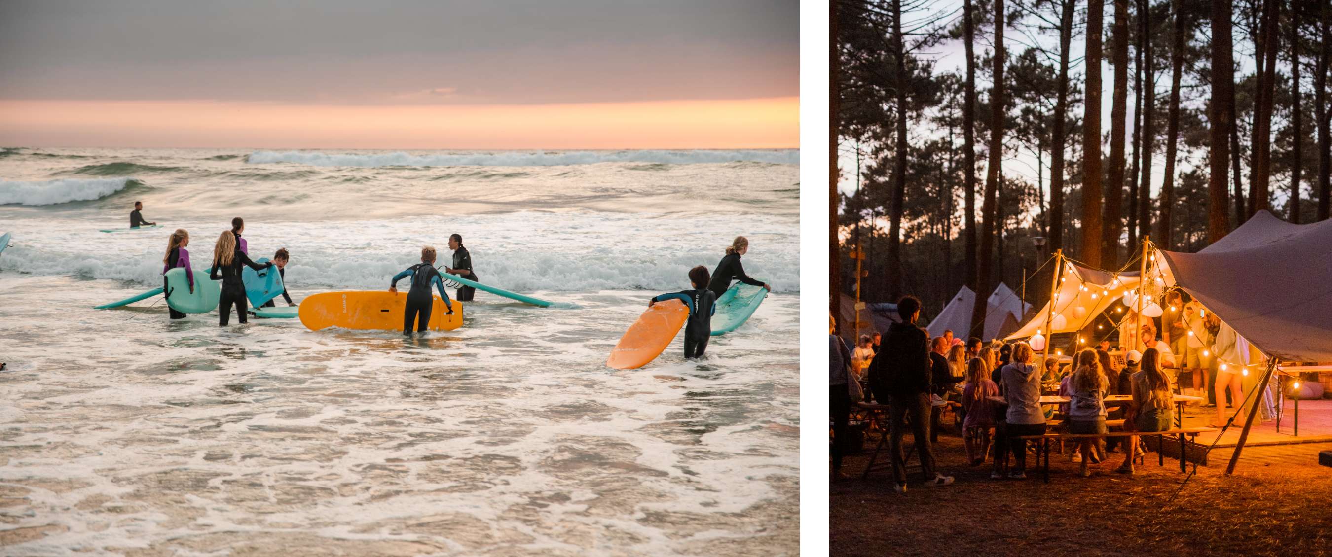 Twee beelden: groep kinderen met surfplanken loopt de zee in tijdens surfles; groep zit samen rond verlichte tenten op camping in bos