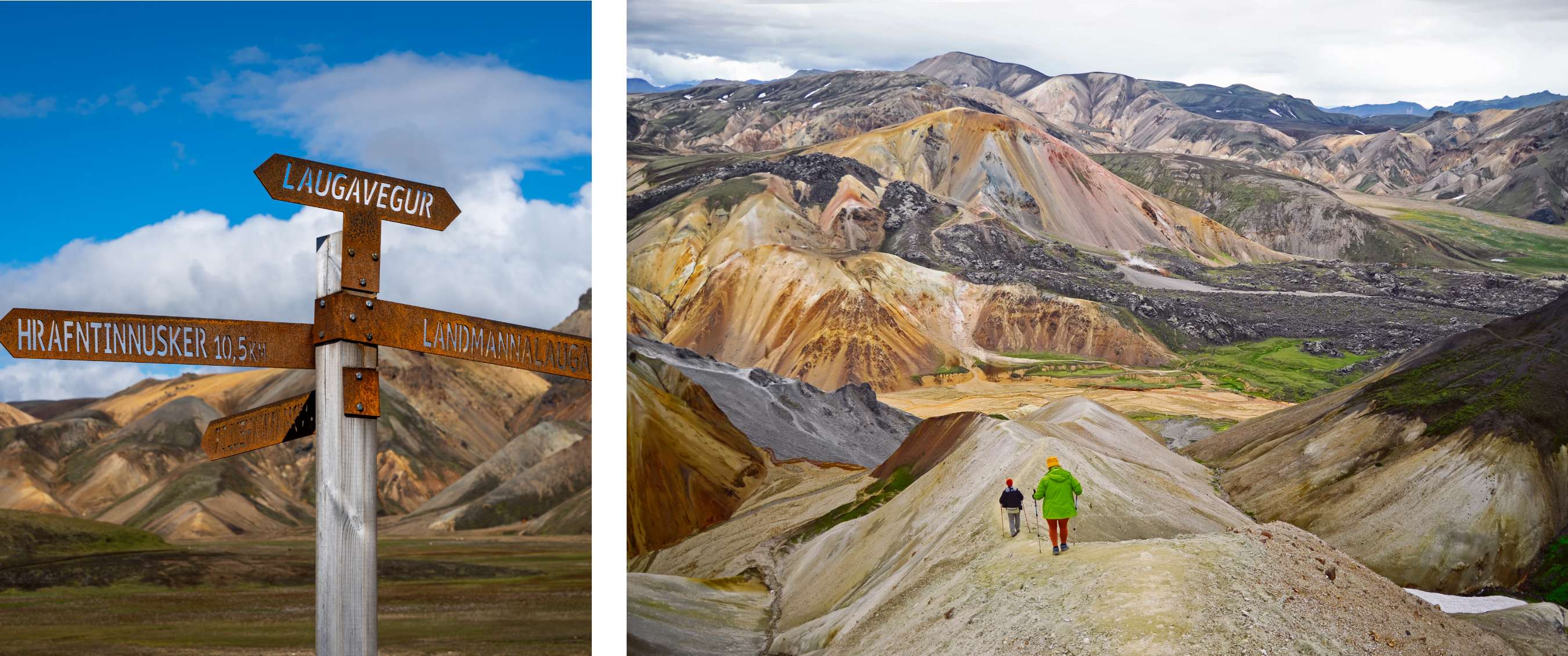 Twee beelden: routebord met plaatsnamen in ruig hoogland; wandelaars dalen af door bergvallei met gesteentelagen