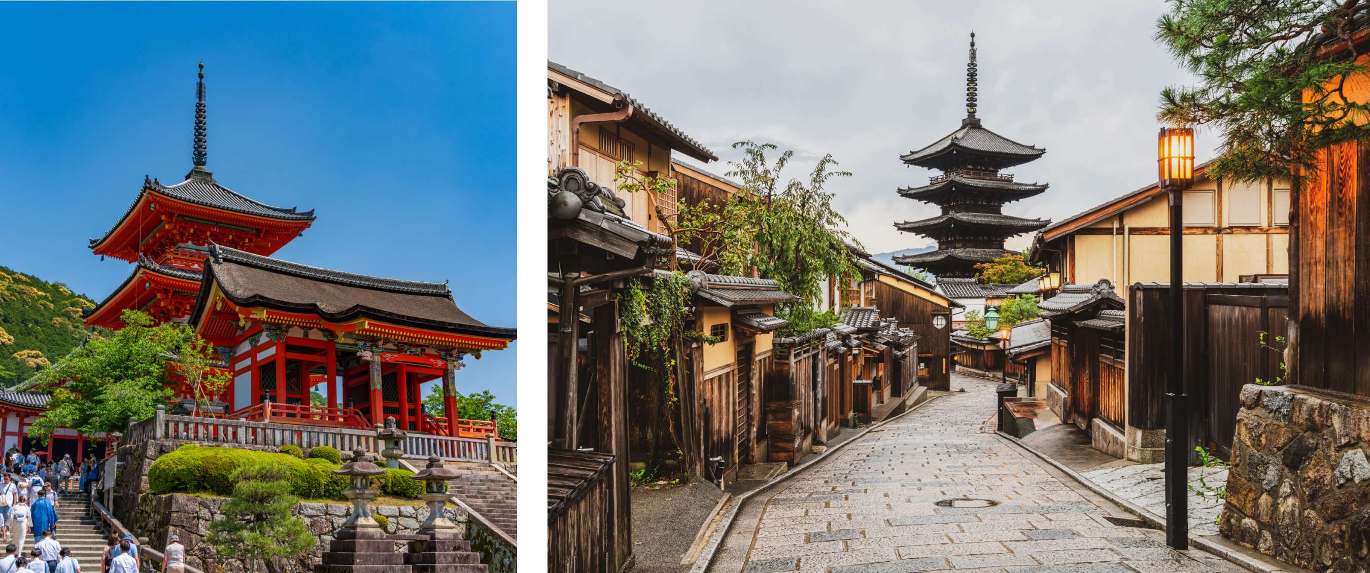 Twee beelden: rode Japanse tempel met bezoekers op stenen trappen; traditionele straat met houten huizen en pagode op de achtergrond
