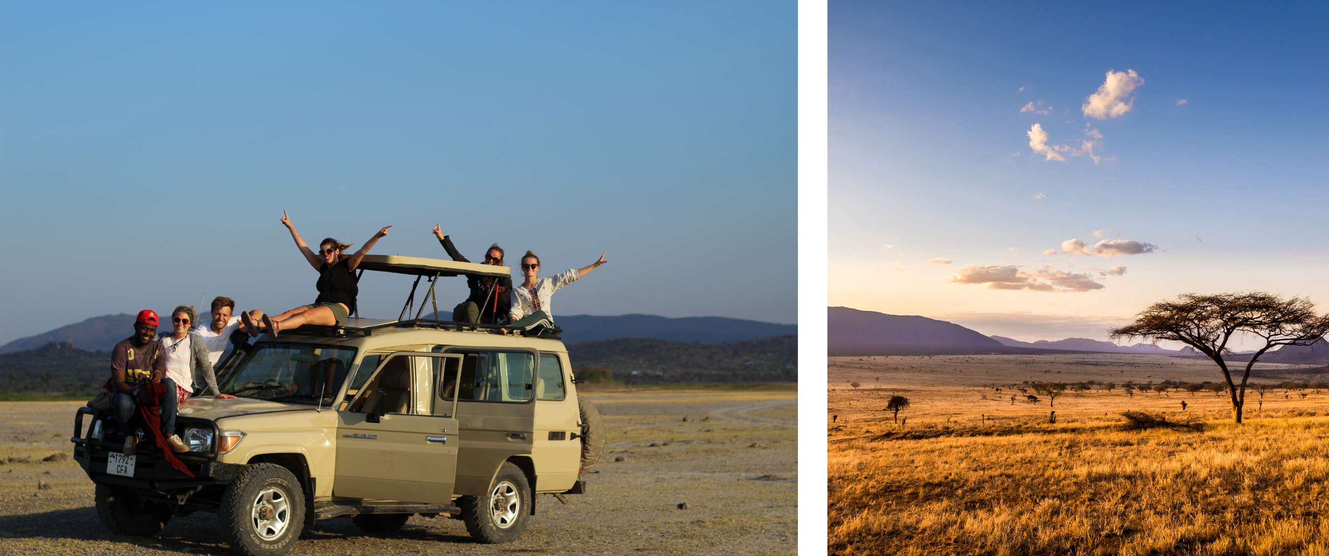 Twee beelden: groep reizigers zit en staat op safarivoertuig in open savannelandschap; uitgestrekte savanne met acaciaboom en bergen in de verte