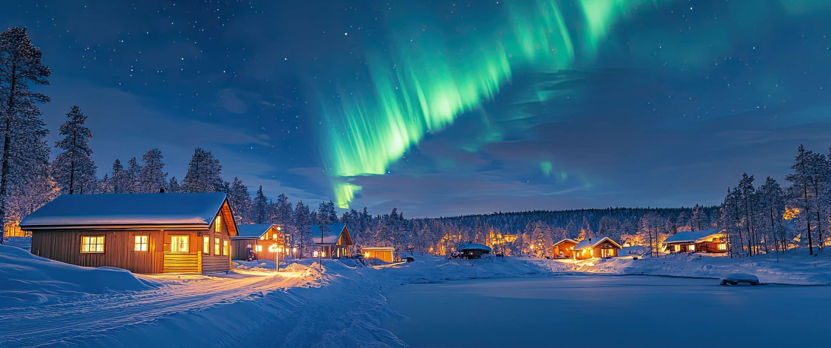 Groen noorderlicht boven besneeuwde houten huisjes en bevroren meer in winterse nacht.