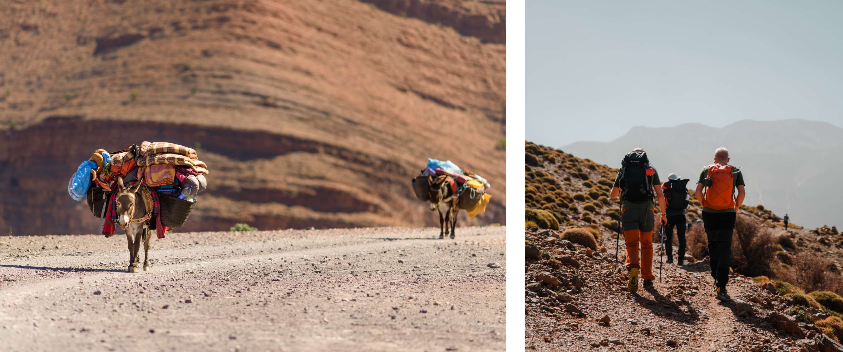 Twee beelden: bepakte ezels die over een droog bergpad lopen; groep wandelaars met rugzakken op rotsachtig pad in bergachtig landschap.