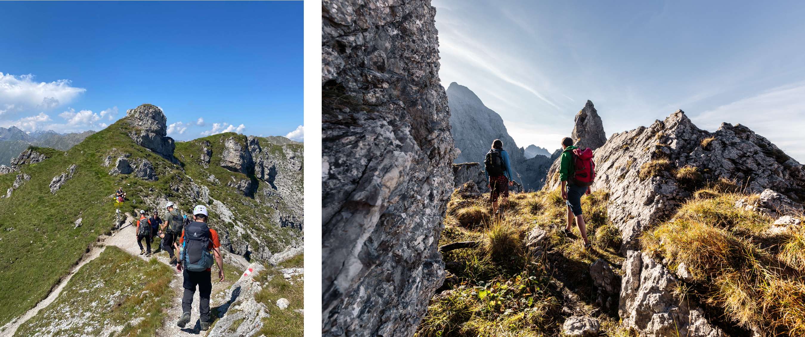 Twee beelden: groep wandelaars op smal bergpad tussen rotsen; twee wandelaars met rugzakken in rotsachtig Alpenlandschap.