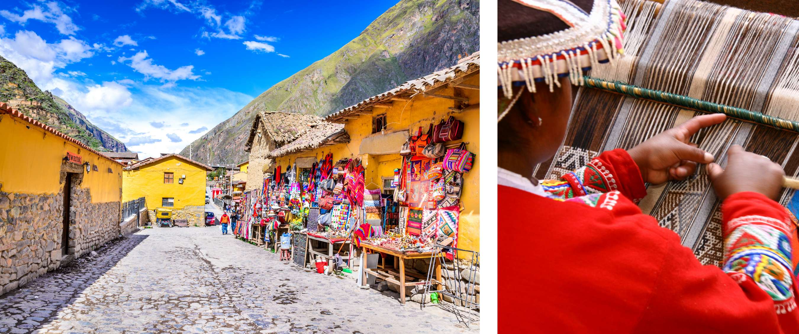 Twee beelden: dorpsstraat met kraampjes vol handgemaakte stoffen en souvenirs; close-up van een persoon die patronen weeft met gekleurde draden.