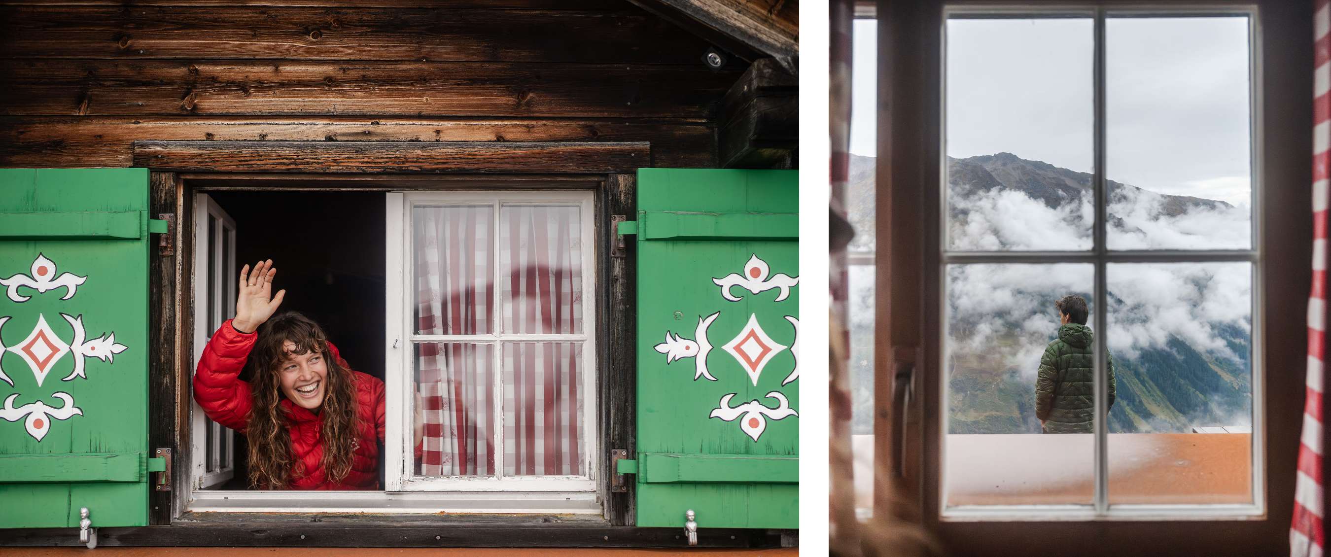 Twee beelden: persoon zwaait uit raam van berghut; persoon kijkt door raam naar bergen.