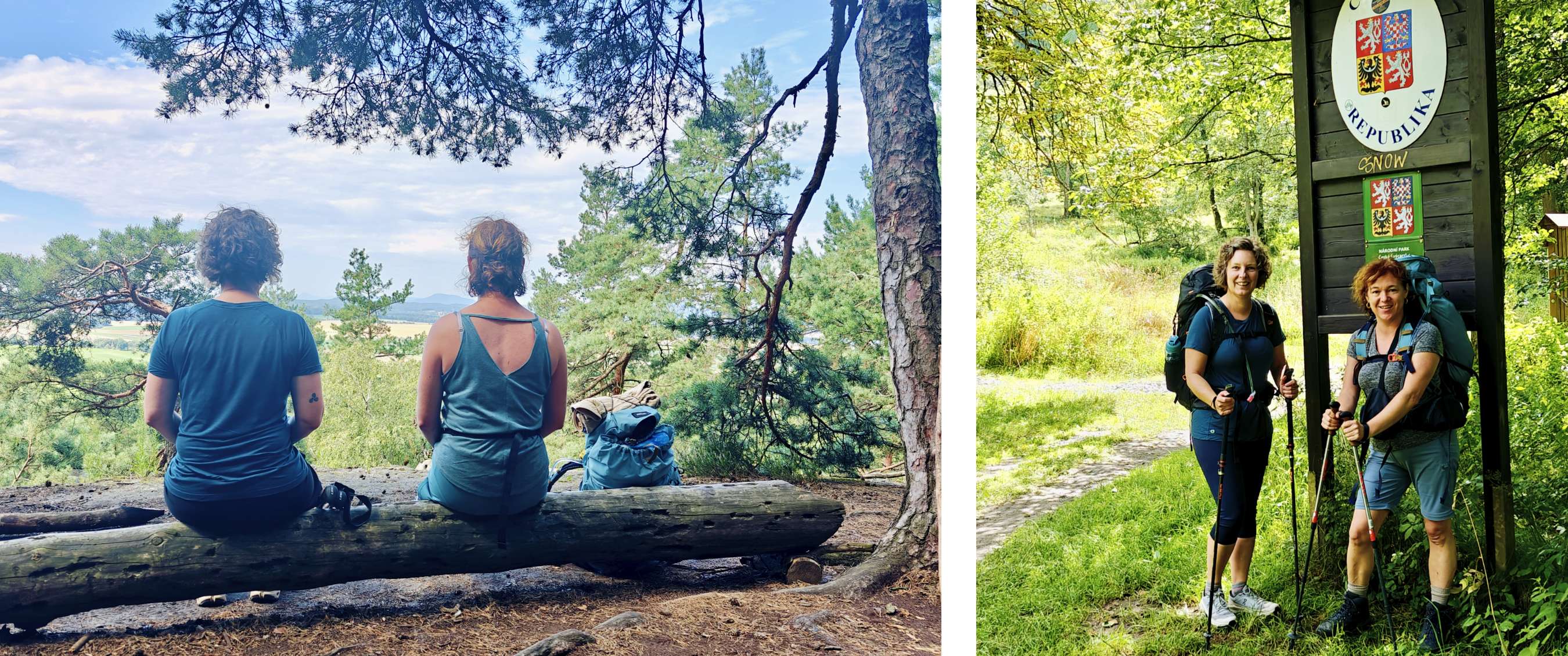 Twee beelden: twee wandelaars zitten op een boomstam met uitzicht op het bos; twee wandelaars staan bij een grensbord in het bos.