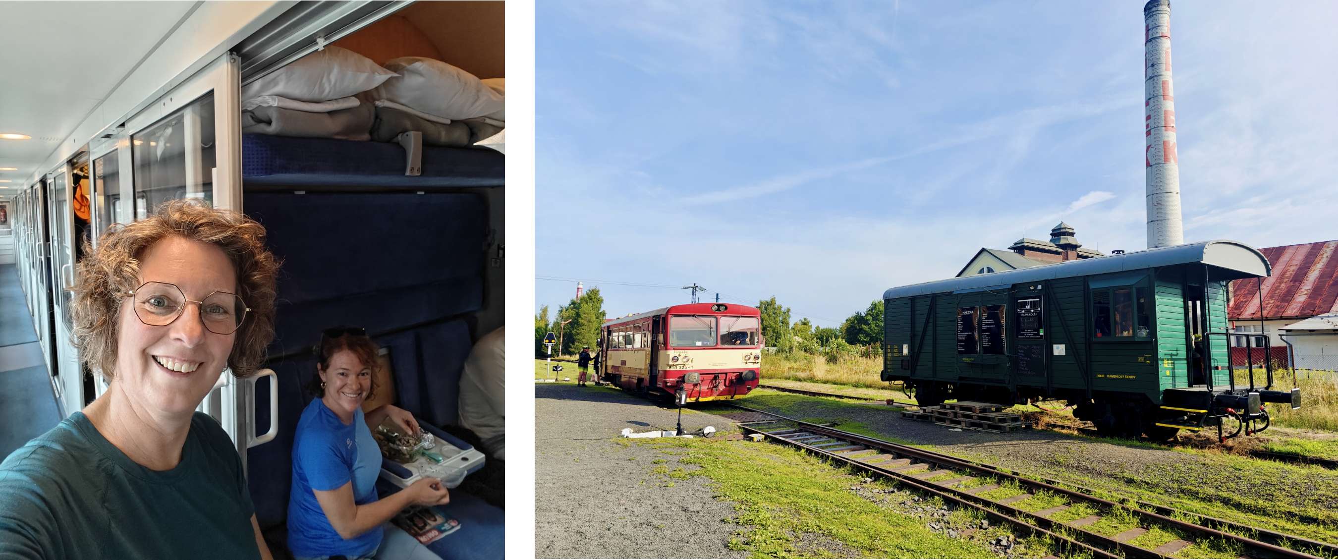 Twee beelden: vrouw maakt een selfie in een trein met een reiziger op de achtergrond; trein en wagon staan op een rangeerspoor.