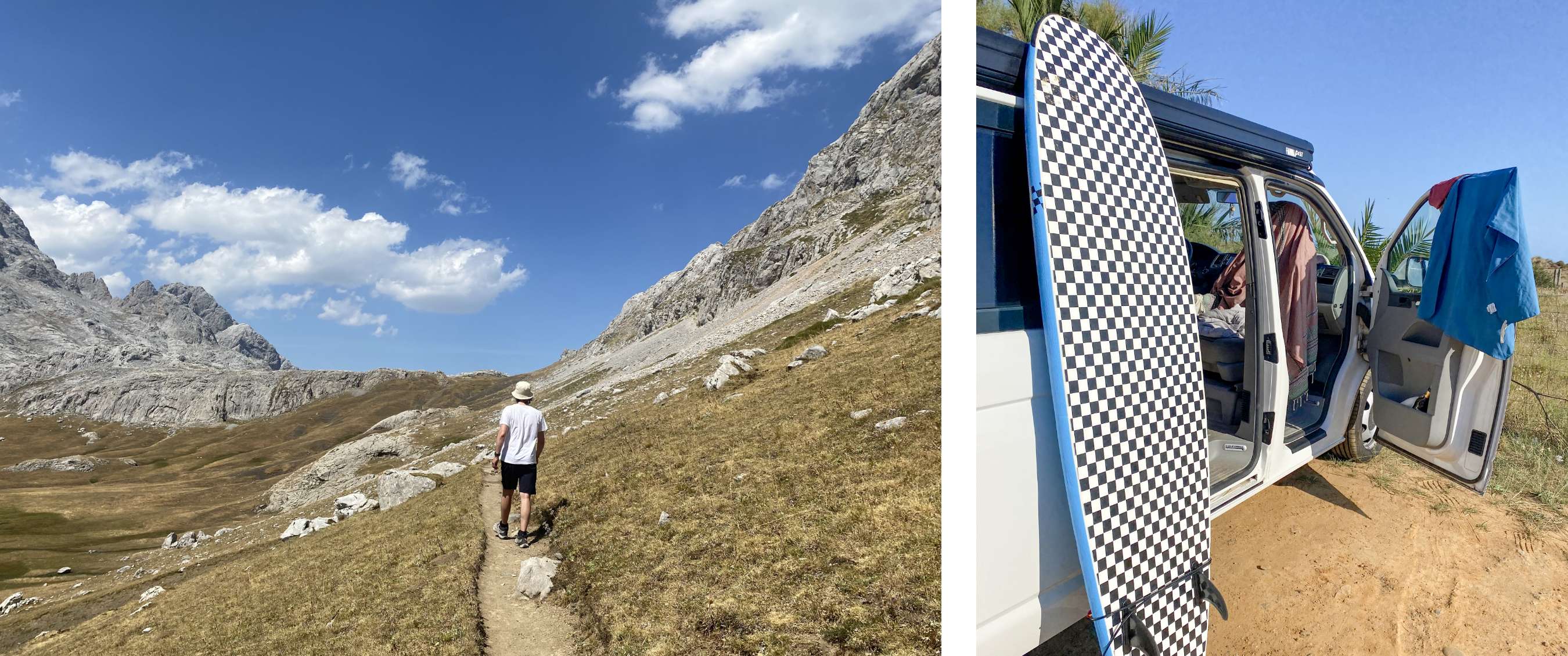 Twee beelden: persoon wandelt op smal bergpad in rotsachtig landschap; surfplank leunt tegen open bestelwagen op zandgrond.