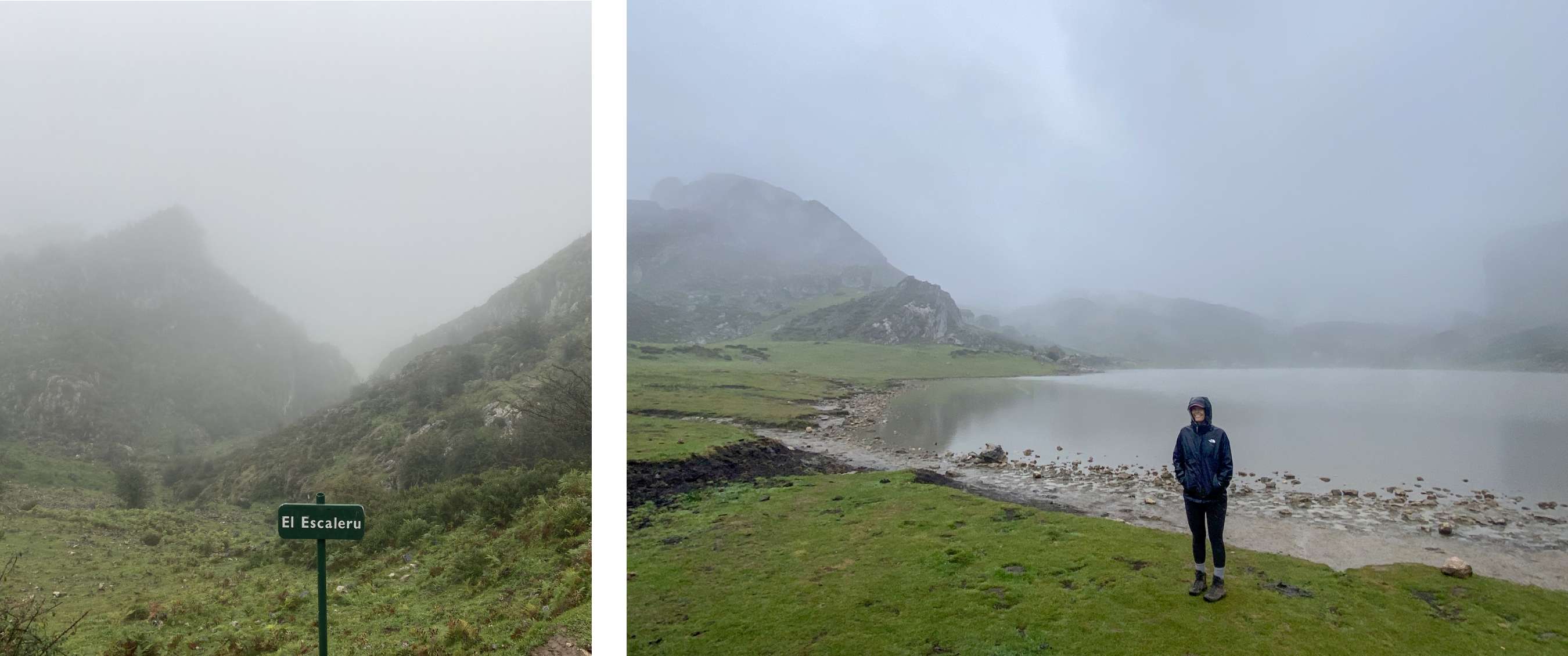 Twee beelden: mistig berglandschap met groen dal en bord “El Escaleru”; persoon in jas staat aan oever van bergmeer.