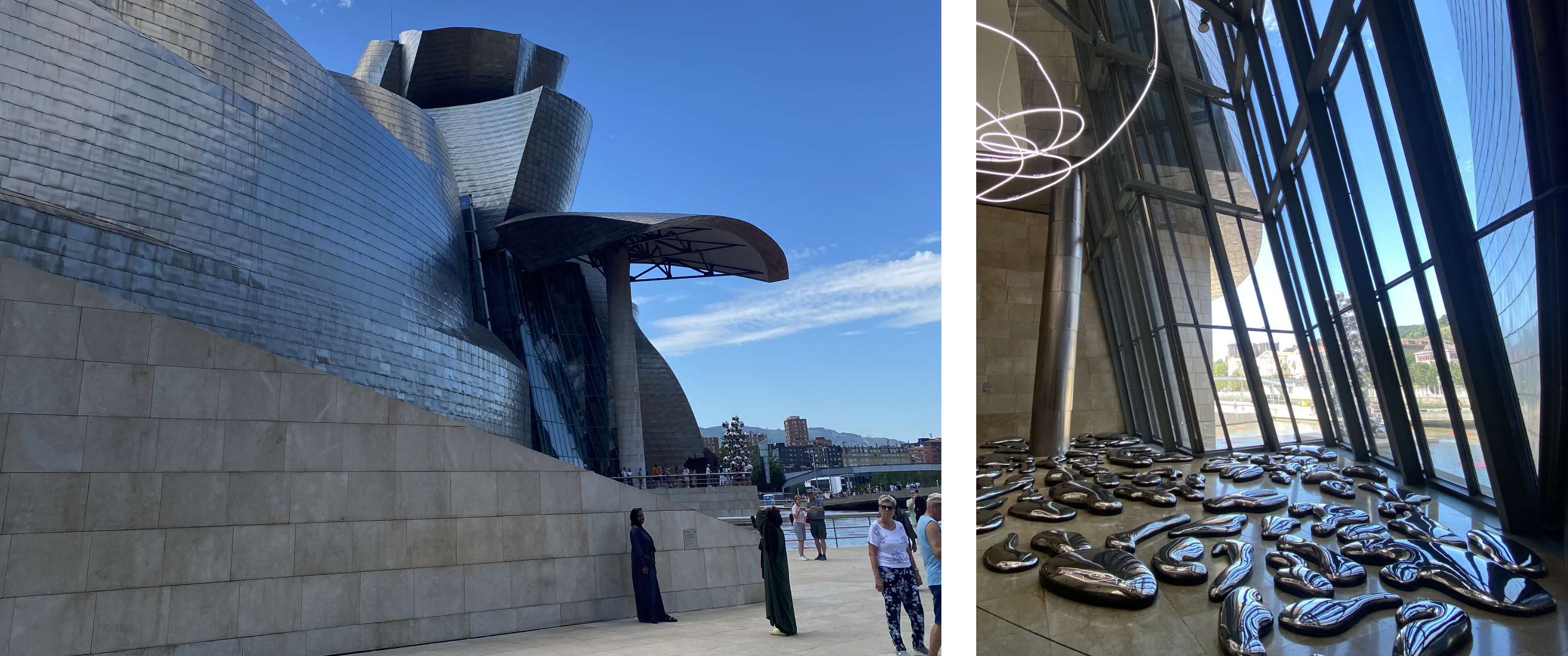 Twee beelden: modern museumgebouw met gebogen metalen gevel aan het water; museuminterieur met grote ramen en glanzende sculpturen op de vloer.