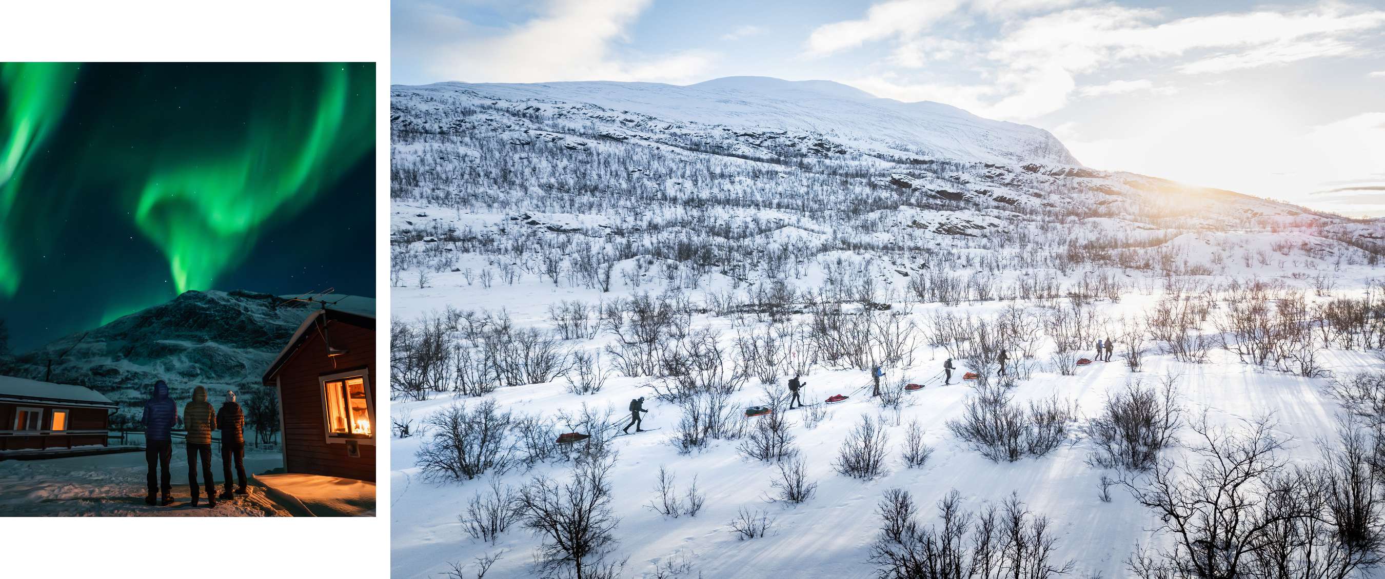 Twee beelden: drie mensen onder groen noorderlicht; skiërs trekken sledes door een besneeuwd berglandschap.