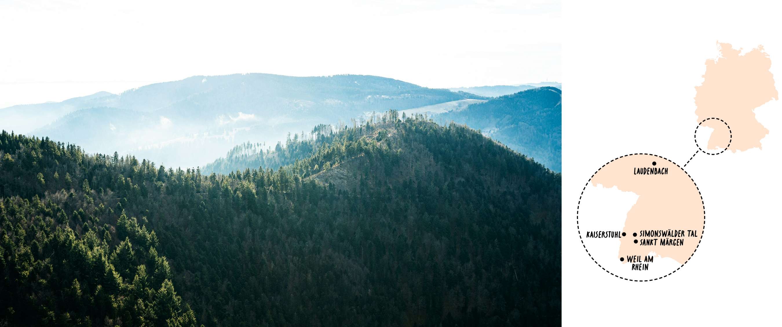 Twee beelden: beboste heuvels; kaart met Laudenbach, Kaiserstuhl en Simonswälder Tal.