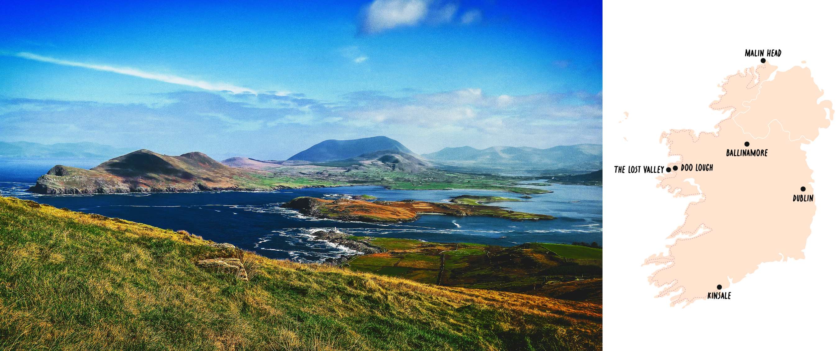 Twee beelden: kustlandschap met eilanden; kaart van Ierland met Dublin en Malin Head.
