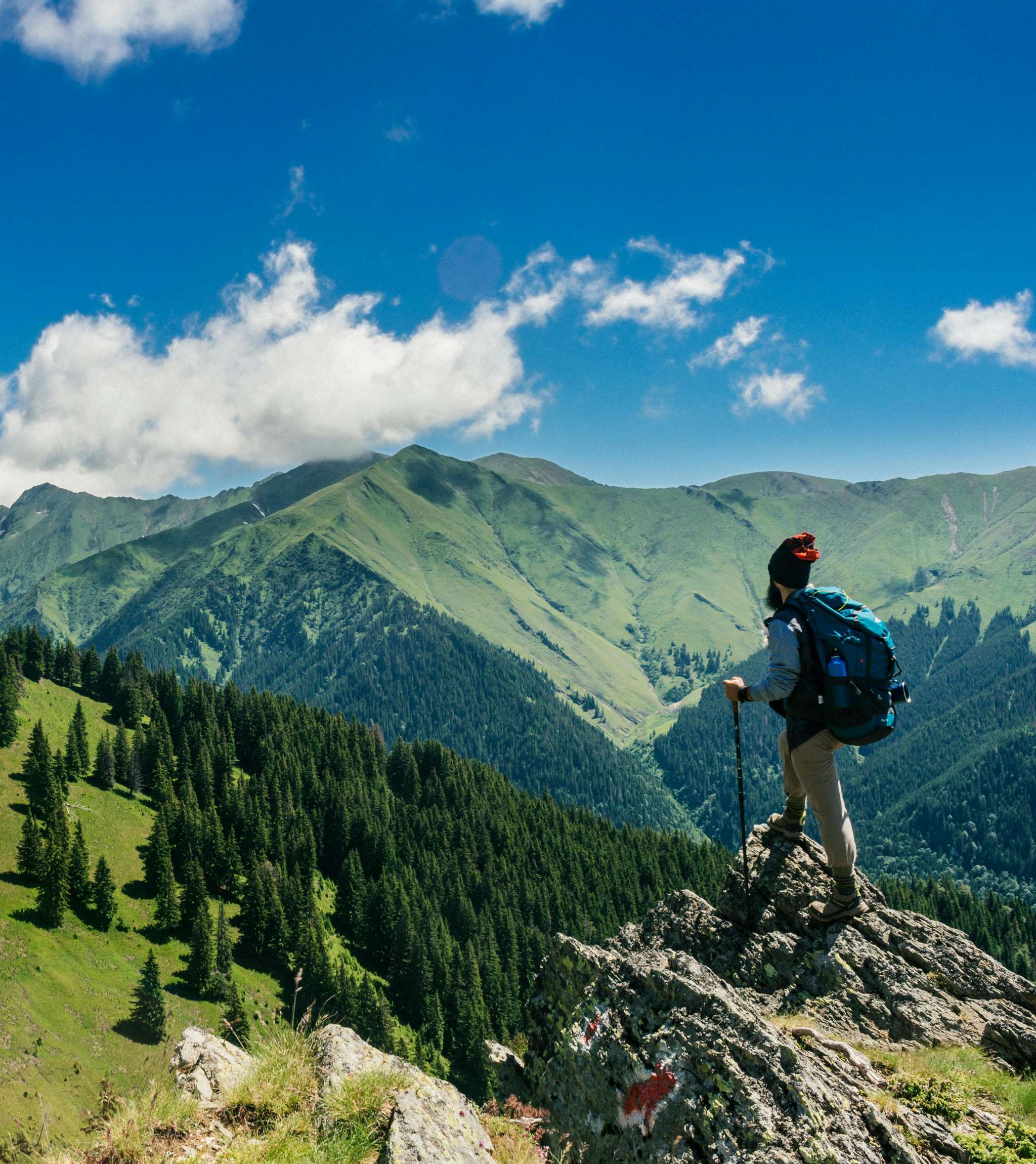 Persoon met wandeluitrusting op bergkam met beboste heuvels op de achtergrond.