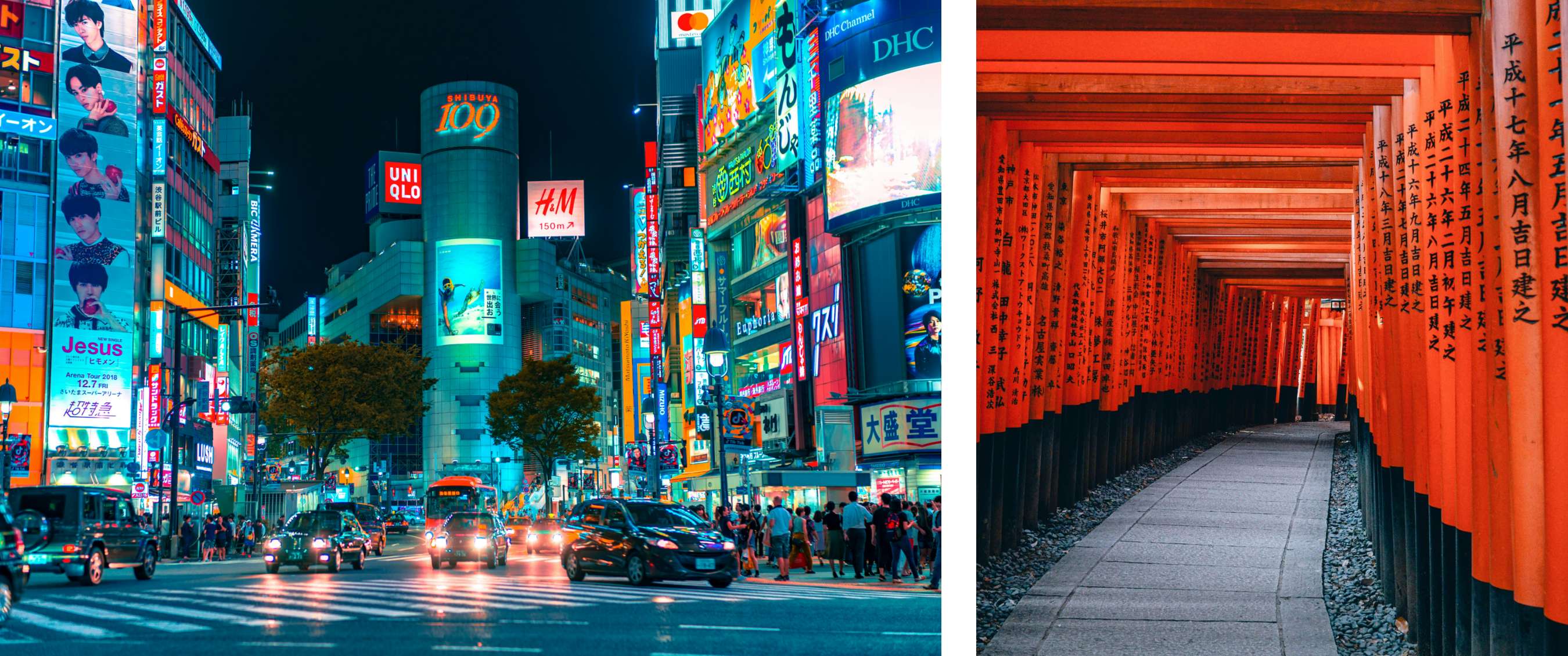 Twee beelden: druk stadsplein in Tokio met verlichte reclameborden en verkeer bij nacht; overdekte wandelgang met rode torii-poorten in een tempelcomplex.