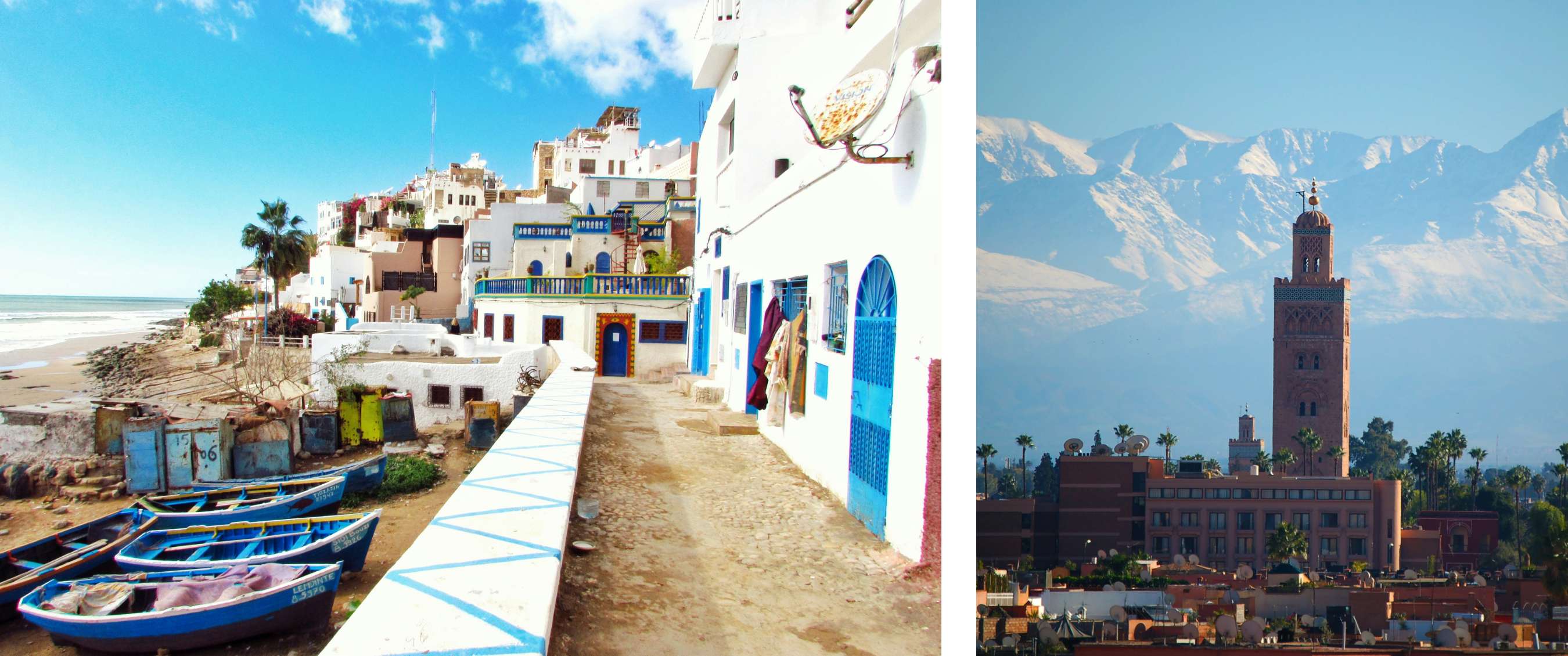 Twee beelden: straat langs zee met witgekalkte huizen en blauwe deuren; stedelijk landschap met minaret, palmbomen en bergketen.