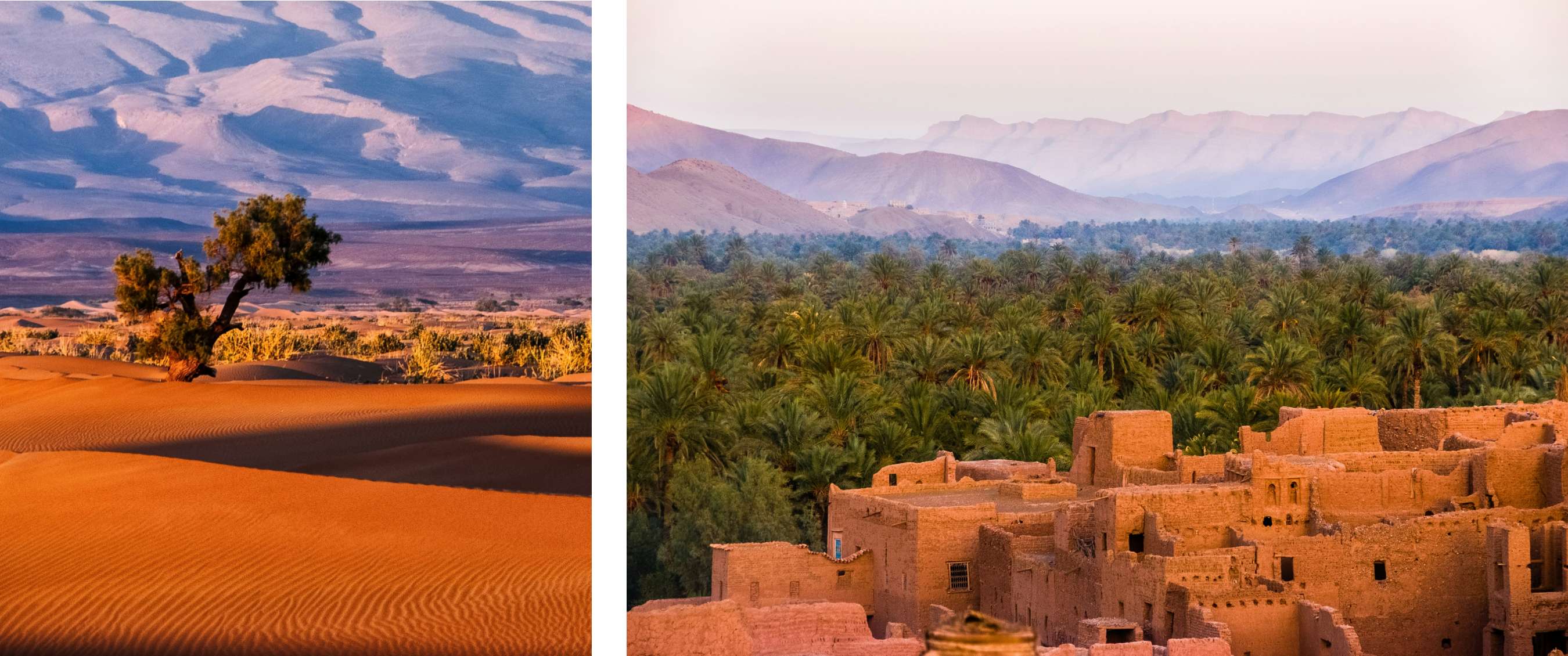 Twee beelden: golvende woestijnduinen met boom en schaduwpatronen; traditioneel lemen dorp omgeven door palmbomen en heuvels.