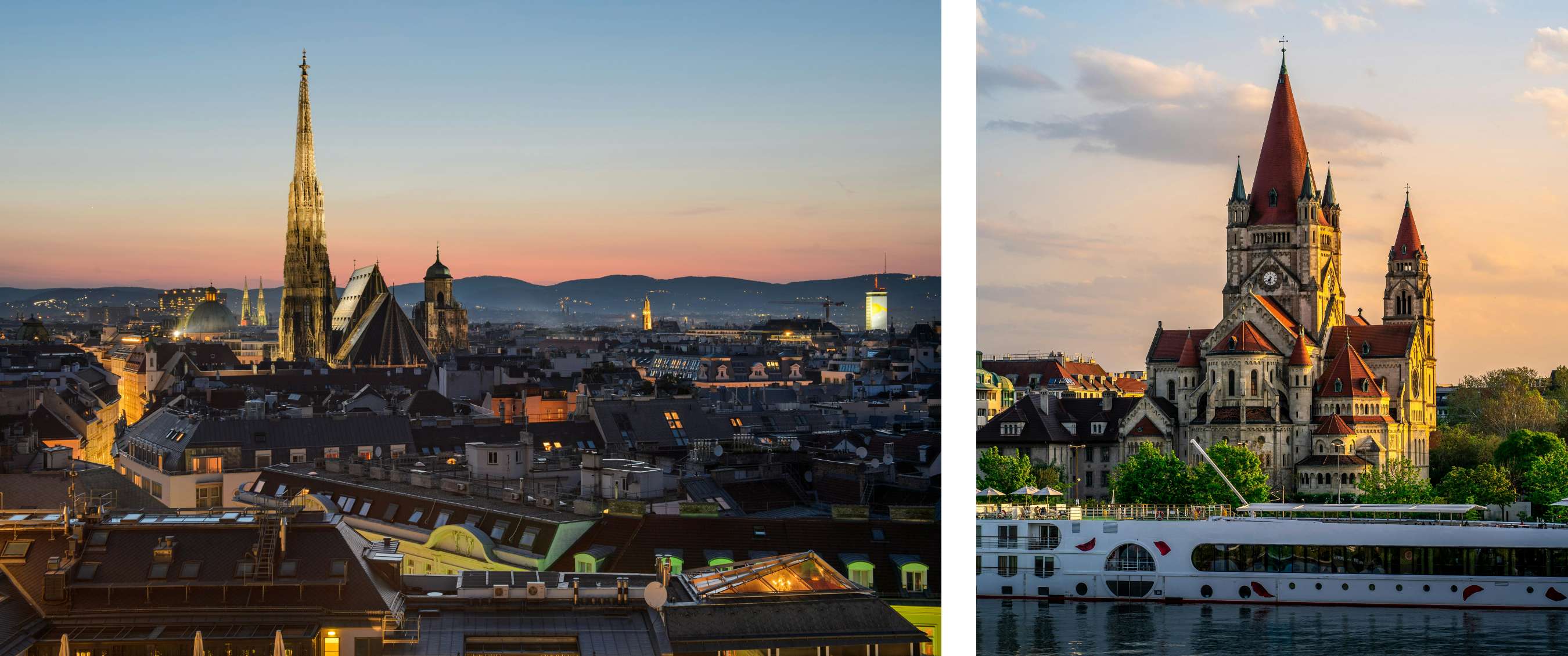 Twee beelden: panoramisch uitzicht over de binnenstad van Wenen met gotische kathedraal; monumentale kerk met rode daken langs een rivier.