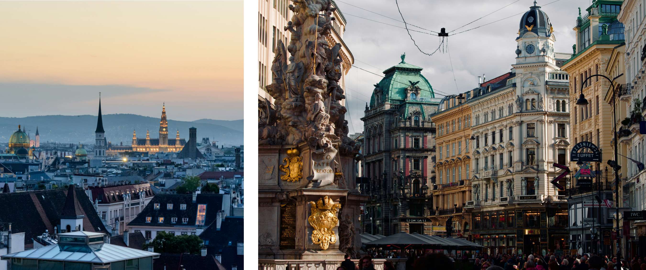 Twee beelden: panoramisch stadszicht van Wenen bij schemering met historische gebouwen; druk stadsplein met barokke zuil en monumentale gevels.