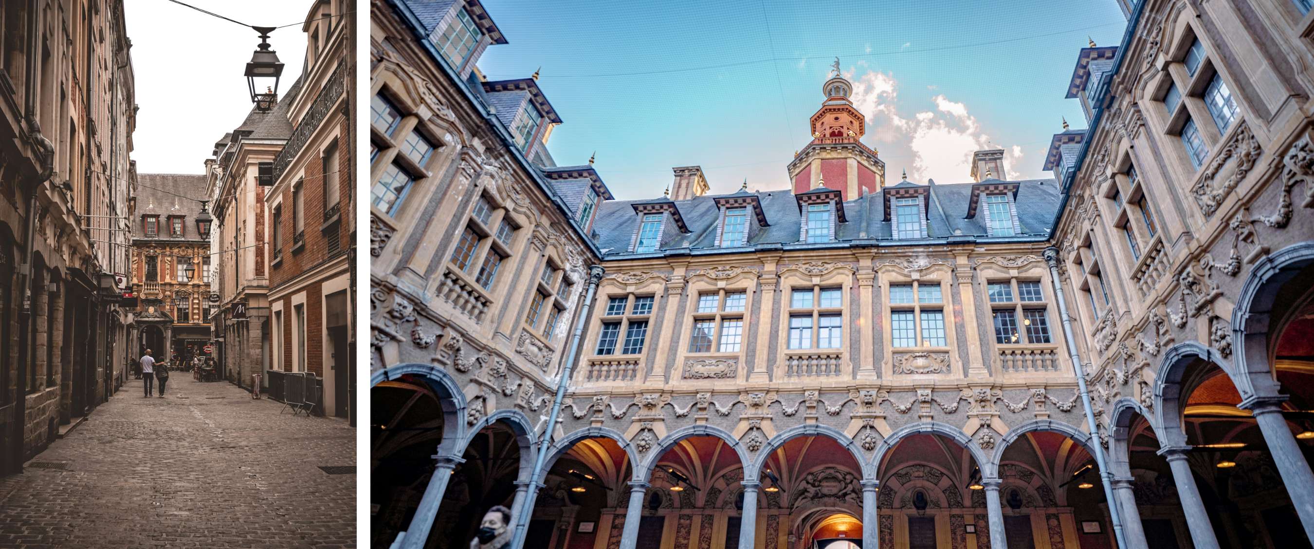 Twee beelden: geplaveide straat tussen oude gebouwen en detail van historisch gebouw met toren.