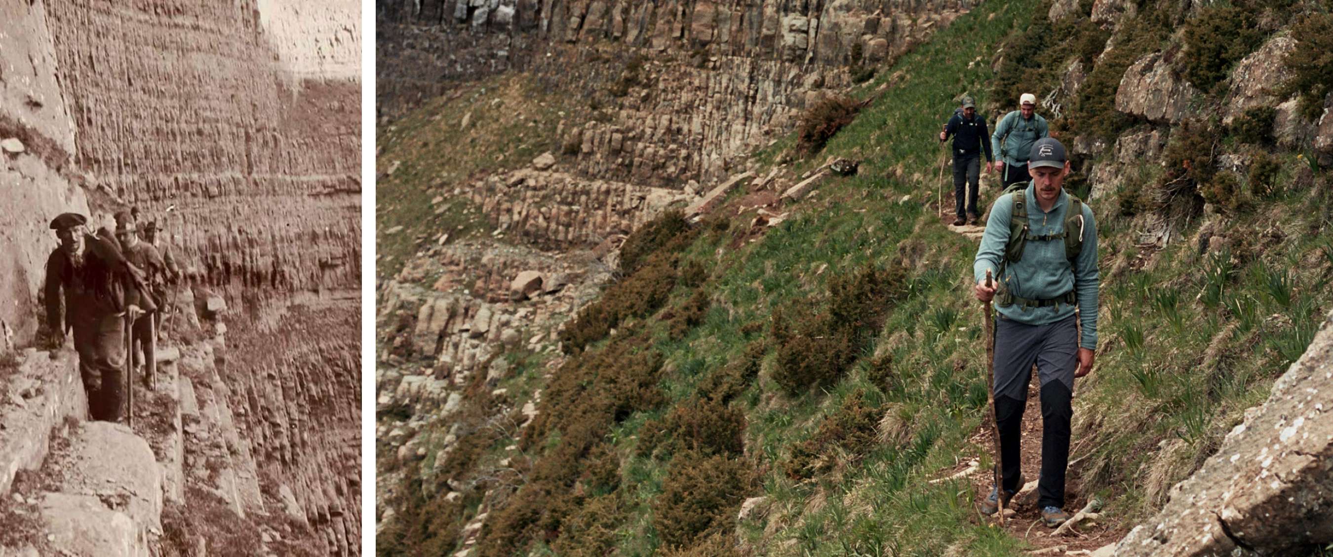 Drie personen wandelen met wandelstokken over een bergpad langs een rotsachtige helling.