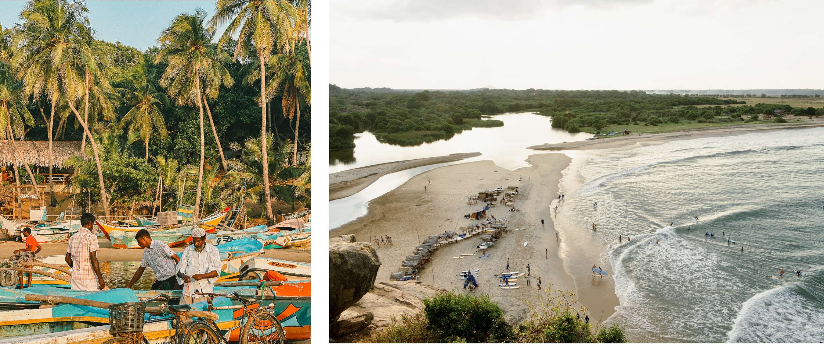 Twee beelden: kleurrijke boten aan de kust; baai met strand, surfers en golven