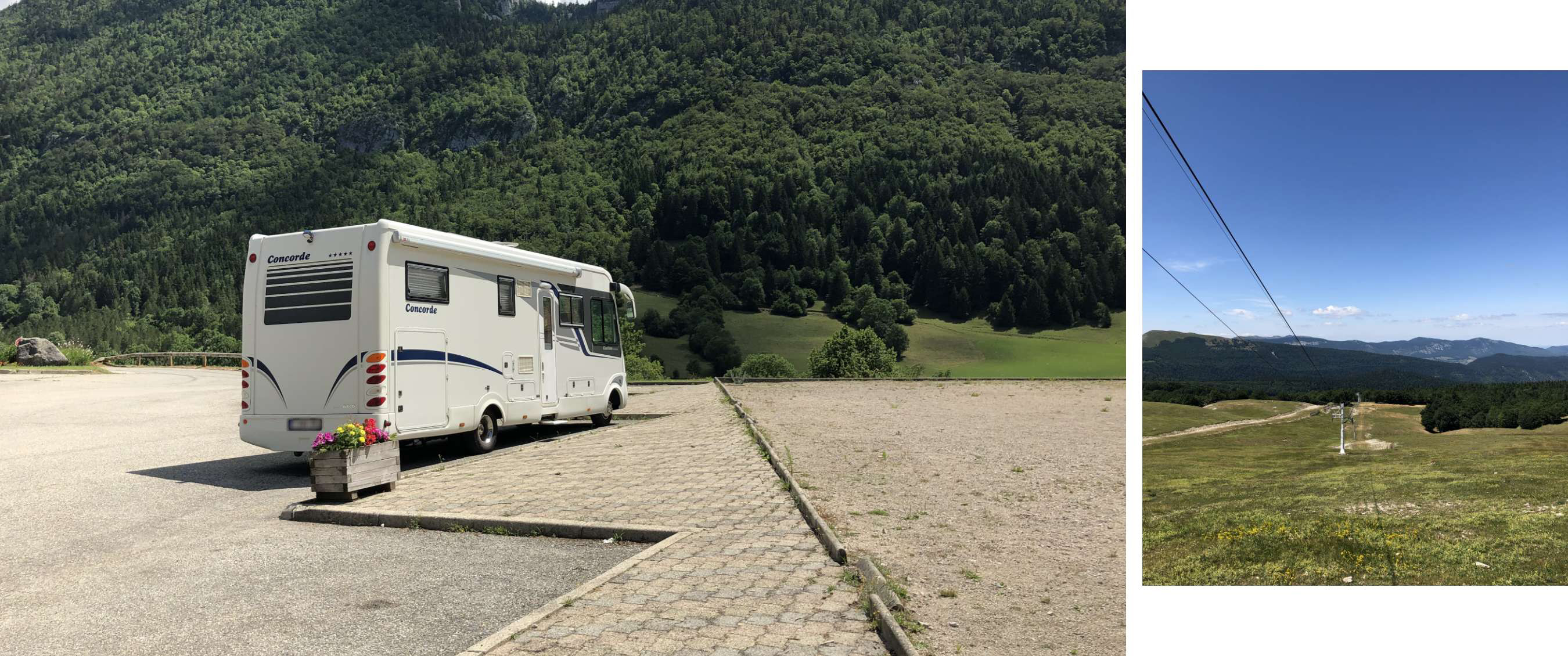 Twee beelden: mist trekt door een rotsachtig berglandschap; koe staat in een weide met bomen.