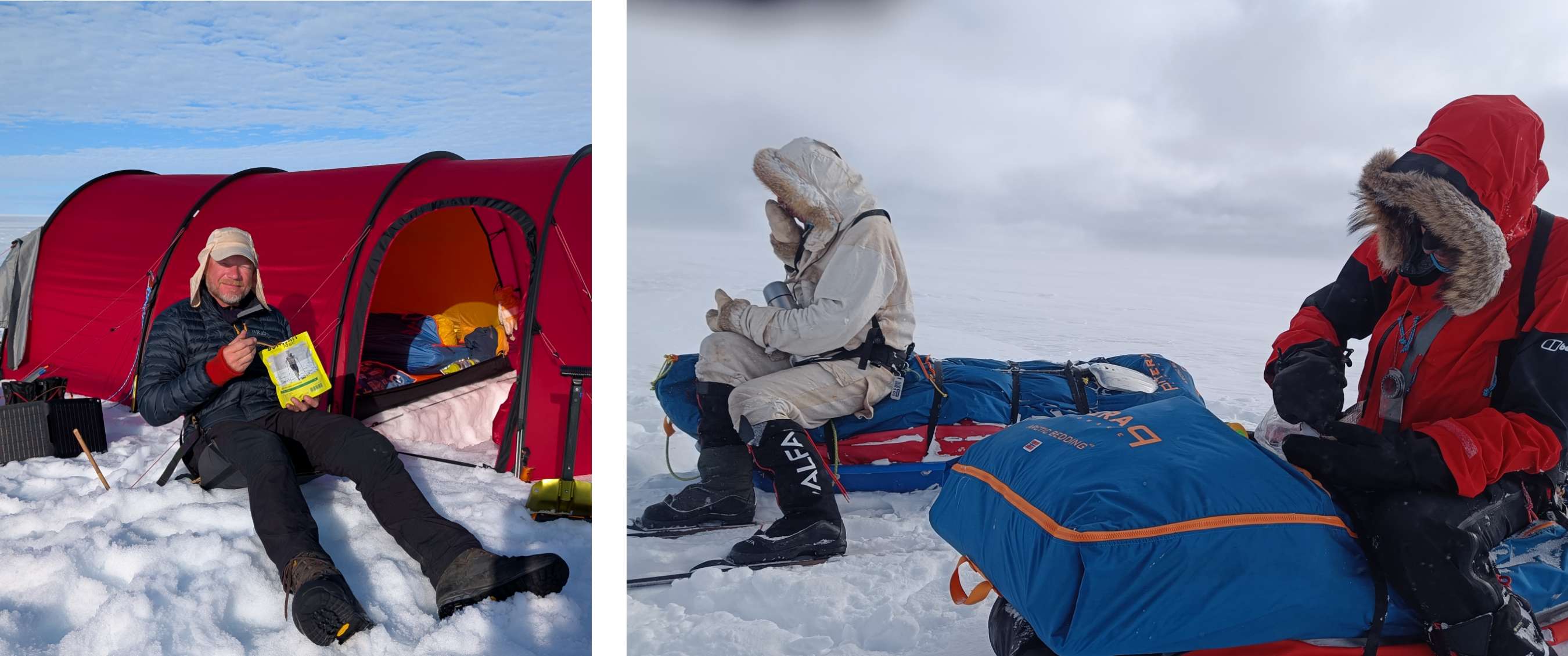 Twee beelden: persoon rust bij rode tent op sneeuw met eten in de hand; expeditieleden in warme kleding pauzeren naast beladen sleeën op ijs.