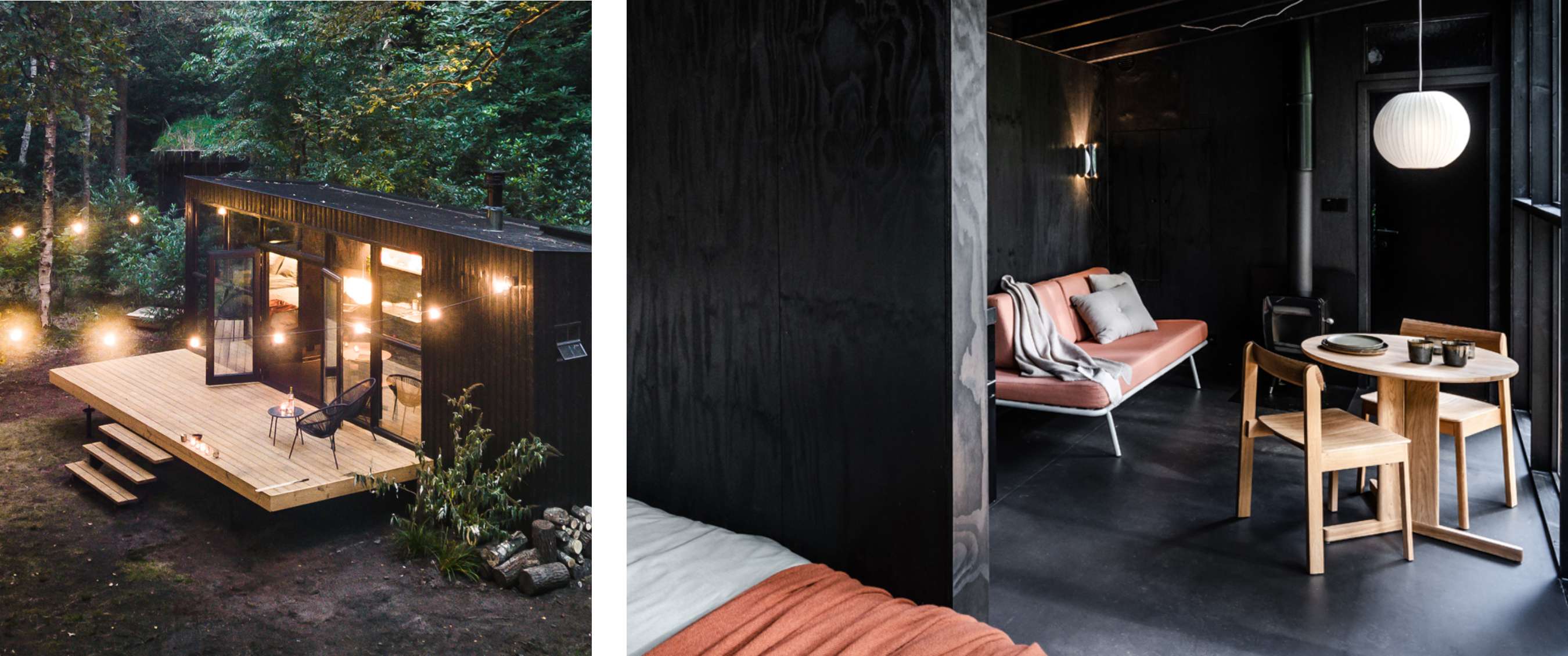 Twee beelden: modern natuurhuisje met terras en buitenverlichting tussen bomen; minimalistisch interieur met tafel en bank.