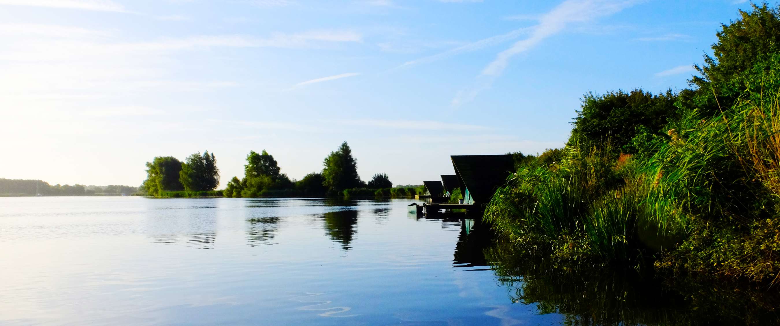 Rustig meer met groene oevers en riet, met moderne vakantiehuisjes langs de waterkant.