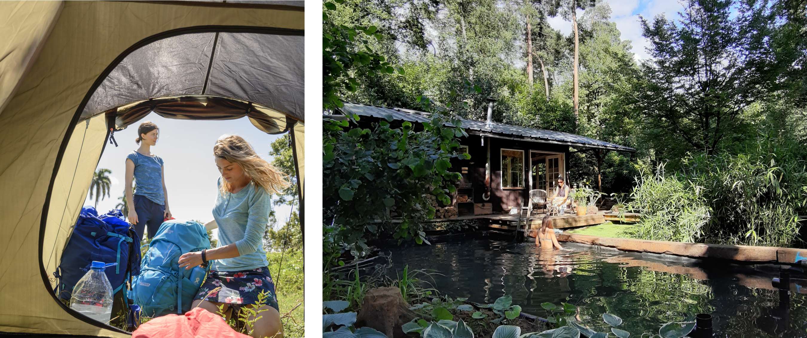 Twee beelden: Twee personen pakken rugzakken in bij een tent in een groene omgeving; houten boshut aan een vijver met personen op terras en in het water.