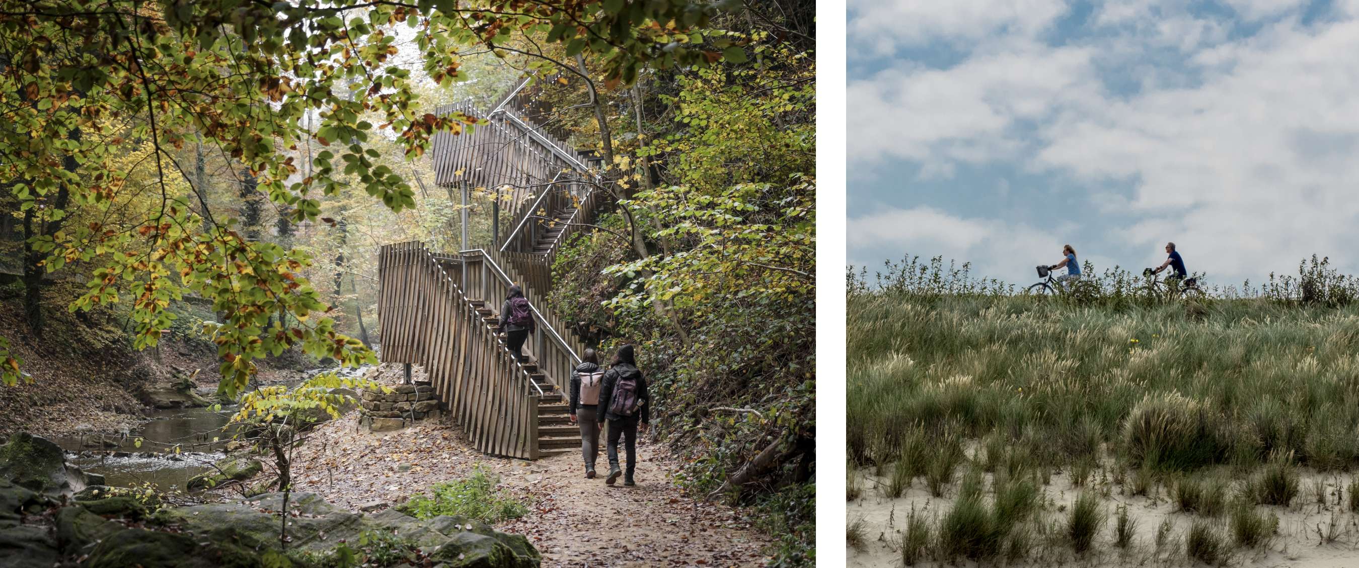 Twee beelden: Twee wandelaars met rugzak lopen over een pad langs een houten trap in een bosrijke vallei; twee personen fietsen over een duin met gras onder een bewolkte lucht.