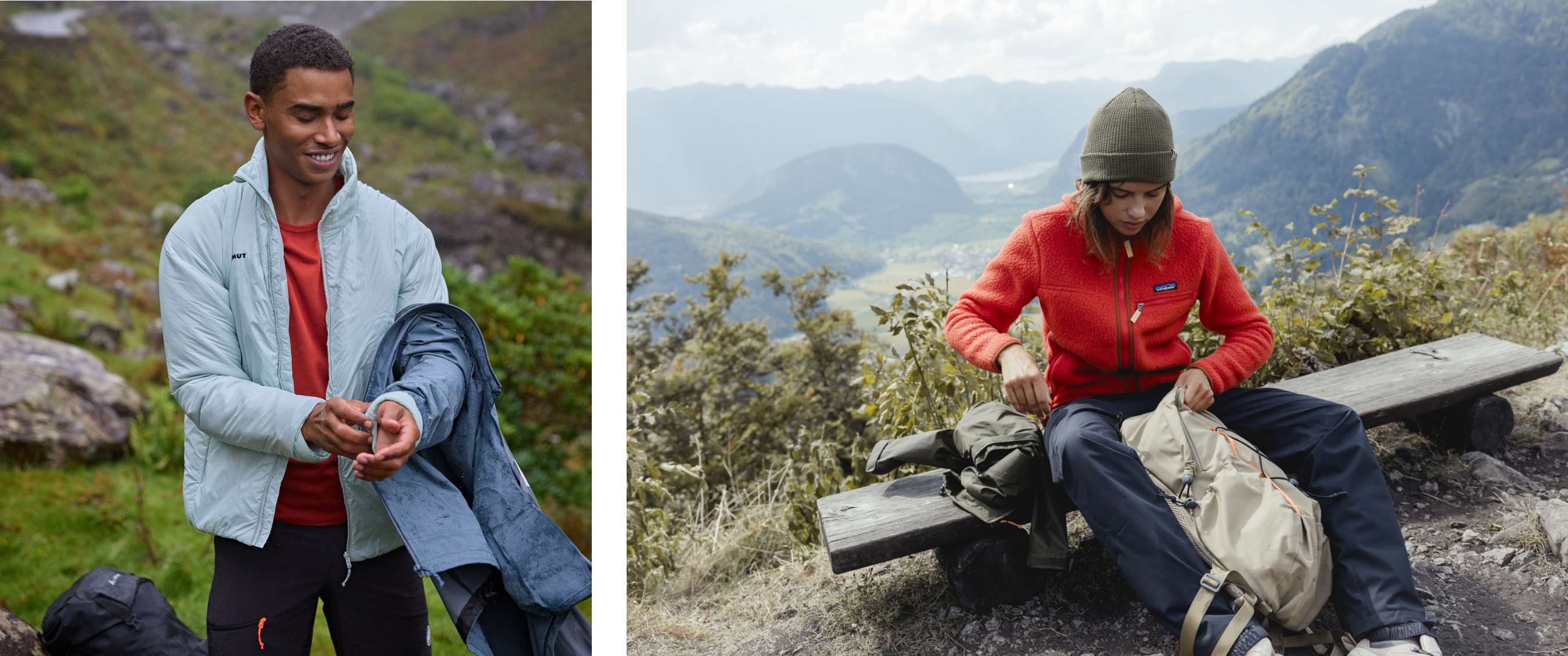 Twee beelden: Wandelaar draagt een jas in een groene bergomgeving; persoon neemt pauze op een bank en haalt spullen uit een rugzak in de bergen.