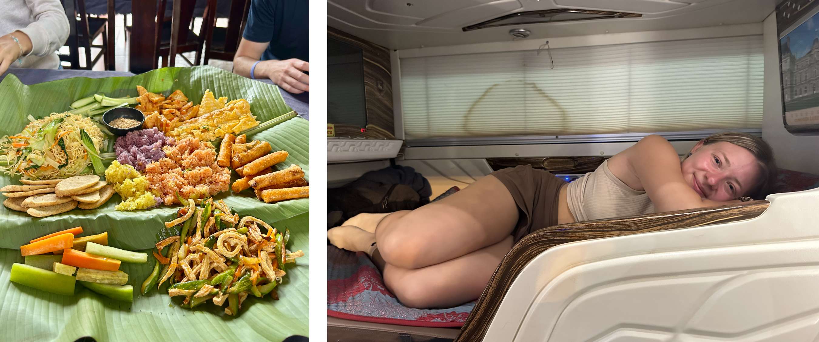 Twee beelden: gedeelde maaltijd op bananenblad en persoon liggend in een treinbed