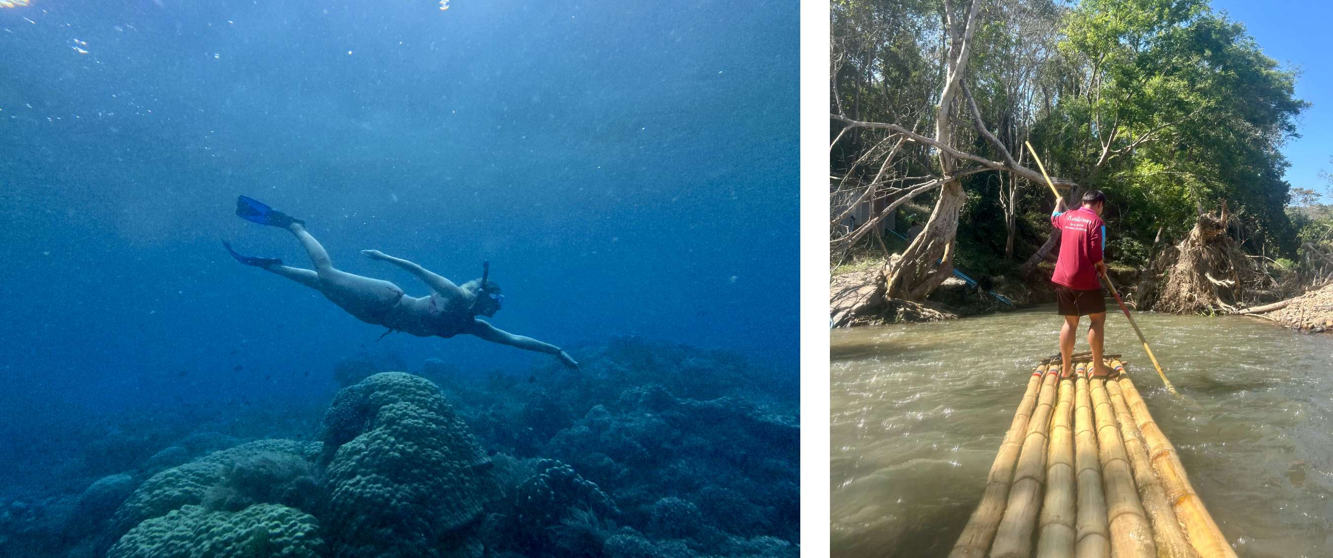 Twee beelden: snorkelaar boven koraalrif en persoon op bamboevlot in rivier