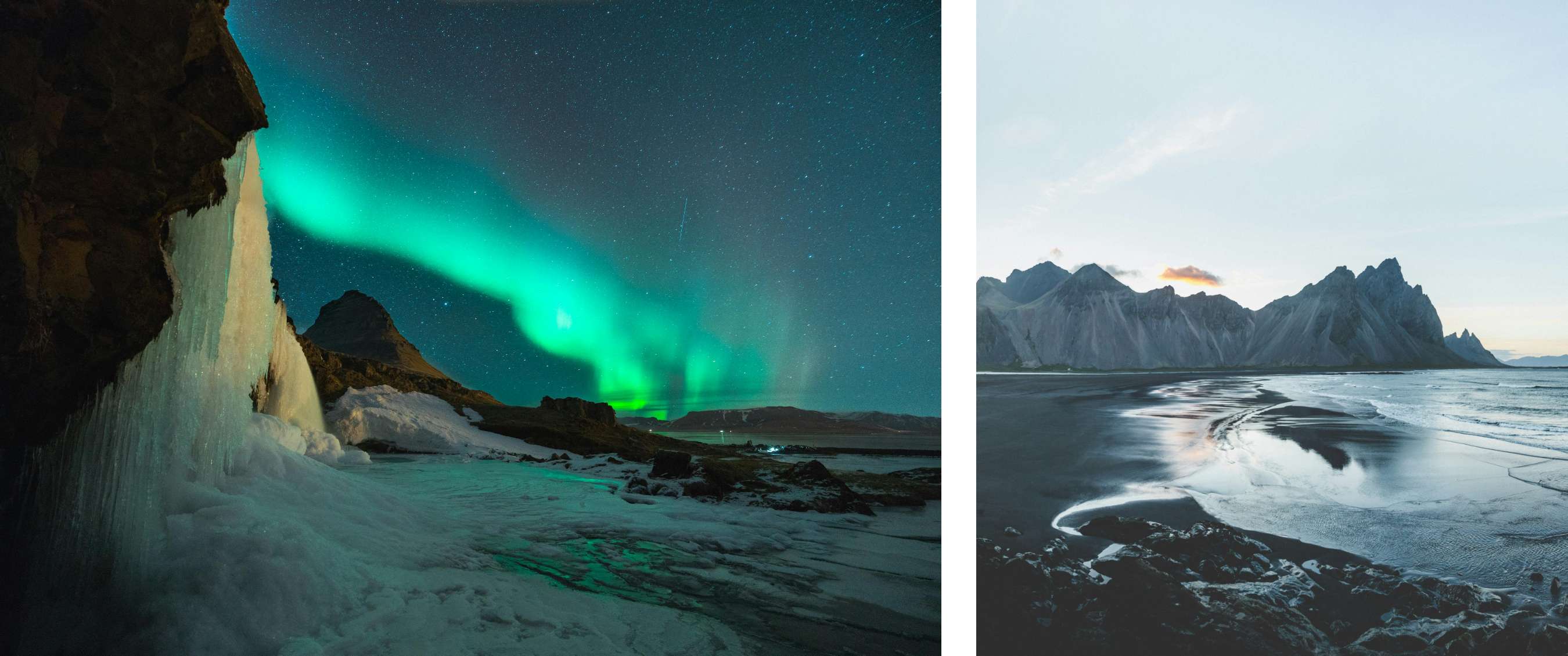 foto links <Groen noorderlicht danst boven een besneeuwd en bevroren landschap met een ijswaterval en bergen op de achtergrond.>foto rechts <Zwart zandstrand met natte glans aan de voet van ruige bergen bij zacht ochtendlicht.>