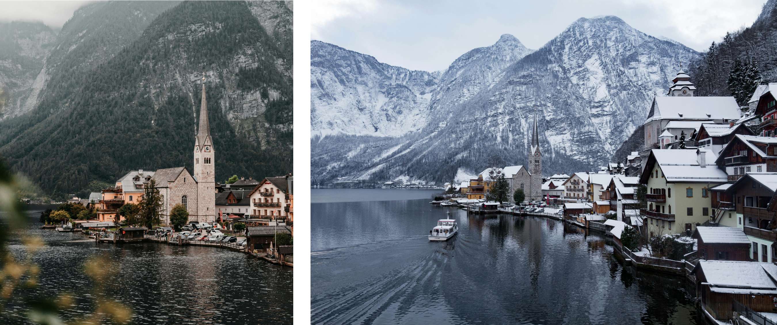 foto links <Zicht op een dorp aan een bergmeer met een kerktoren en omliggende huizen, omgeven door groene bergen.> foto rechts <Hetzelfde bergdorp in de winter, met besneeuwde daken en een boot die over het stille meer vaart.>