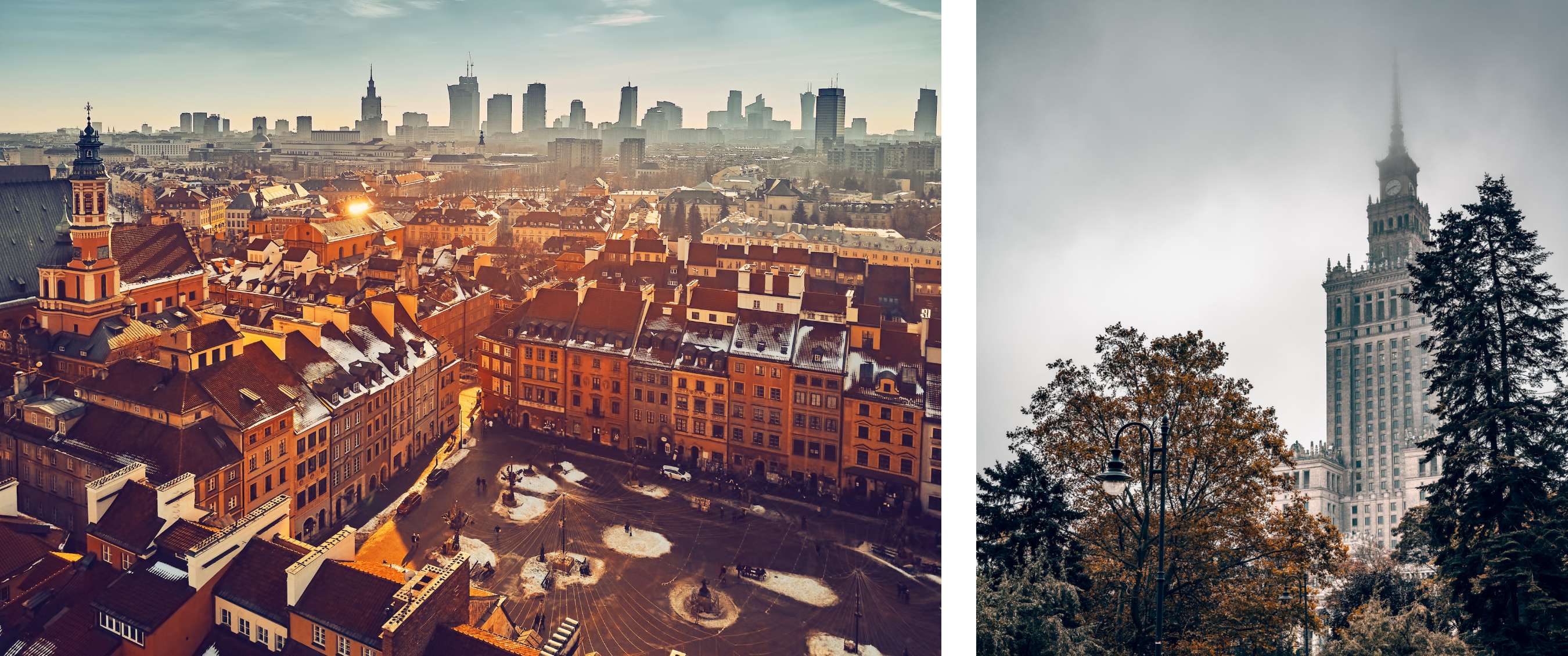 foto links <Uitzicht over de oude stad met gekleurde daken en moderne hoogbouw op de achtergrond bij zacht winterlicht.> foto rechts <Hoge toren steekt boven bomen en mist uit, met een klok en spits zichtbaar in een nevelige stad.> 