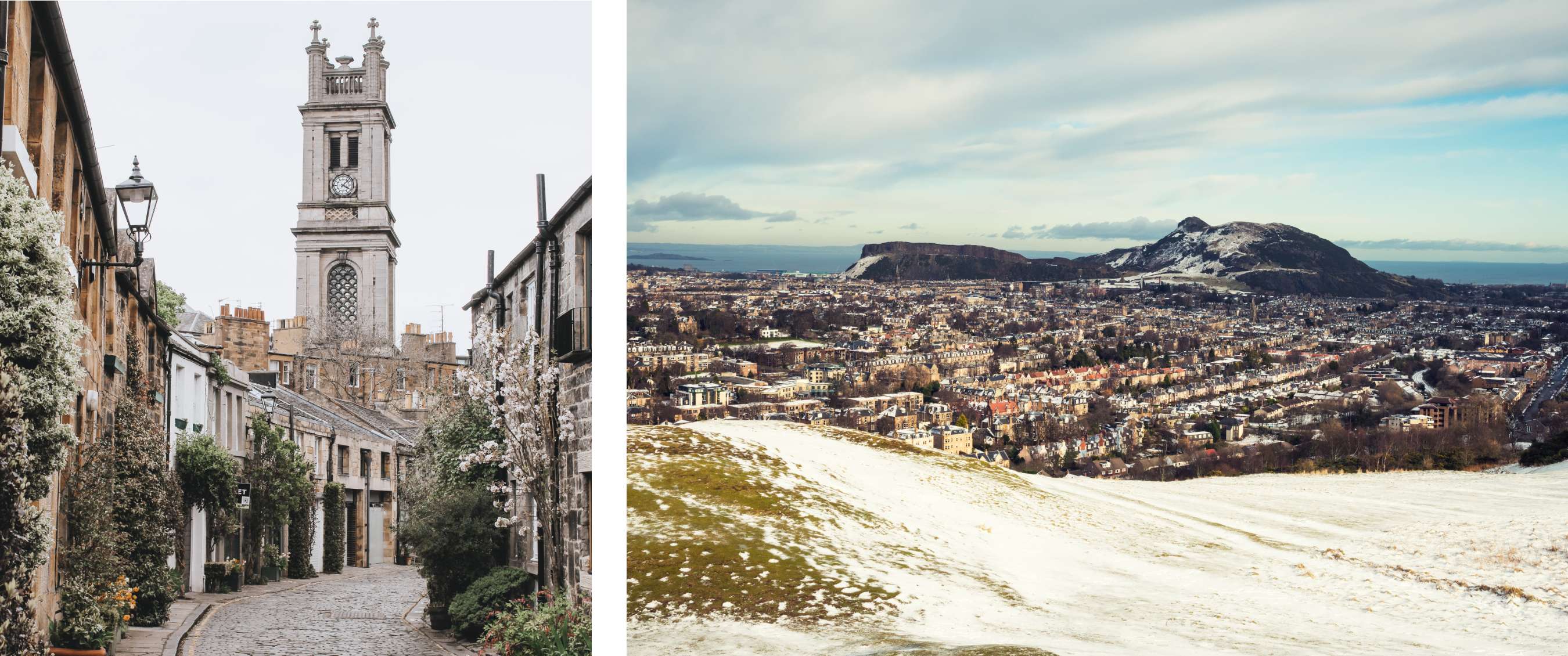 foto links <Smal geplaveid straatje met stenen huizen en een hoge klokkentoren op de achtergrond in een rustige stadswijk.> foto rechts <Uitzicht over Edinburgh met besneeuwde heuvels en de zee in de verte onder een lichtbewolkte hemel.>
