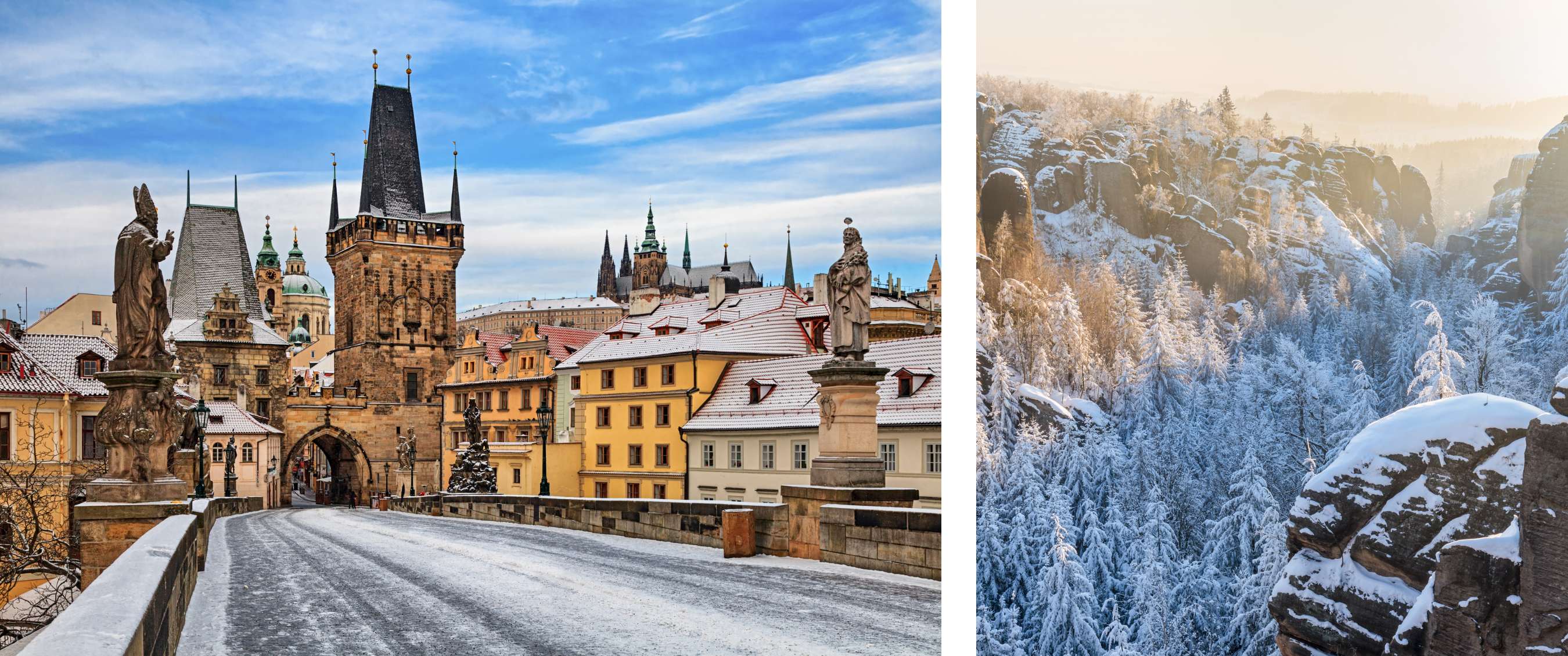 foto links <De Karelsbrug in Praag met besneeuwde daken, standbeelden en torens onder een heldere winterlucht.> foto rechts <Zonnig winterlandschap met rotsformaties en met sneeuw bedekte dennenbomen in een bergachtig gebied.>
