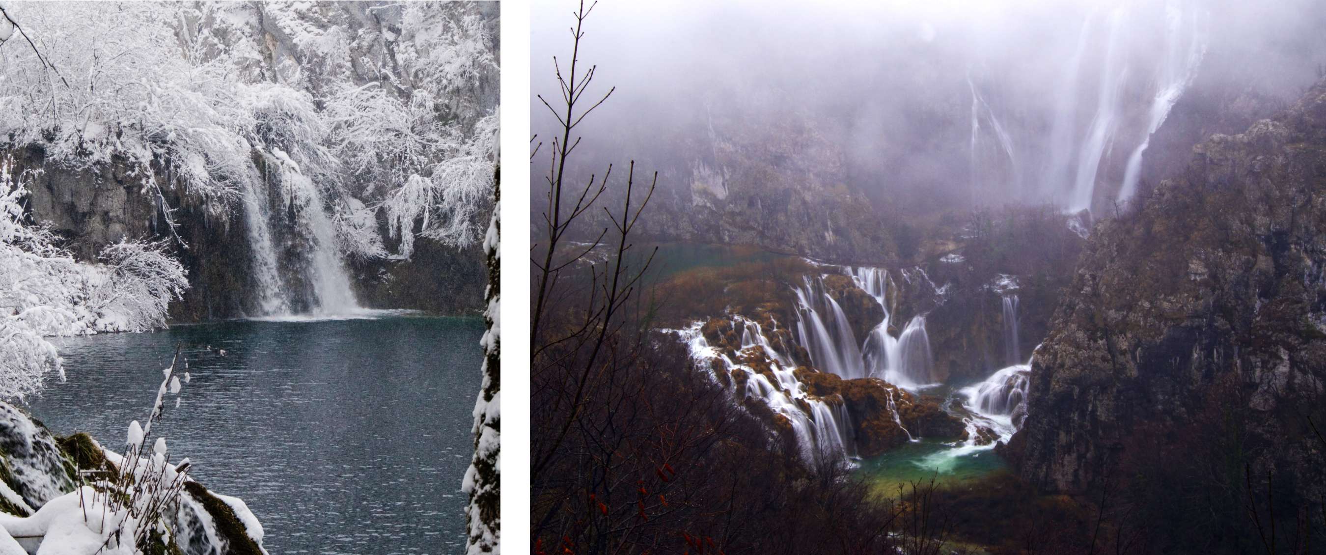 foto links <Waterval die in een helder meer stroomt, omringd door met sneeuw bedekte bomen en rotsen.> foto rechts <Meerdere watervallen stromen tussen rotsen en bomen in een mistig winterlandschap.>