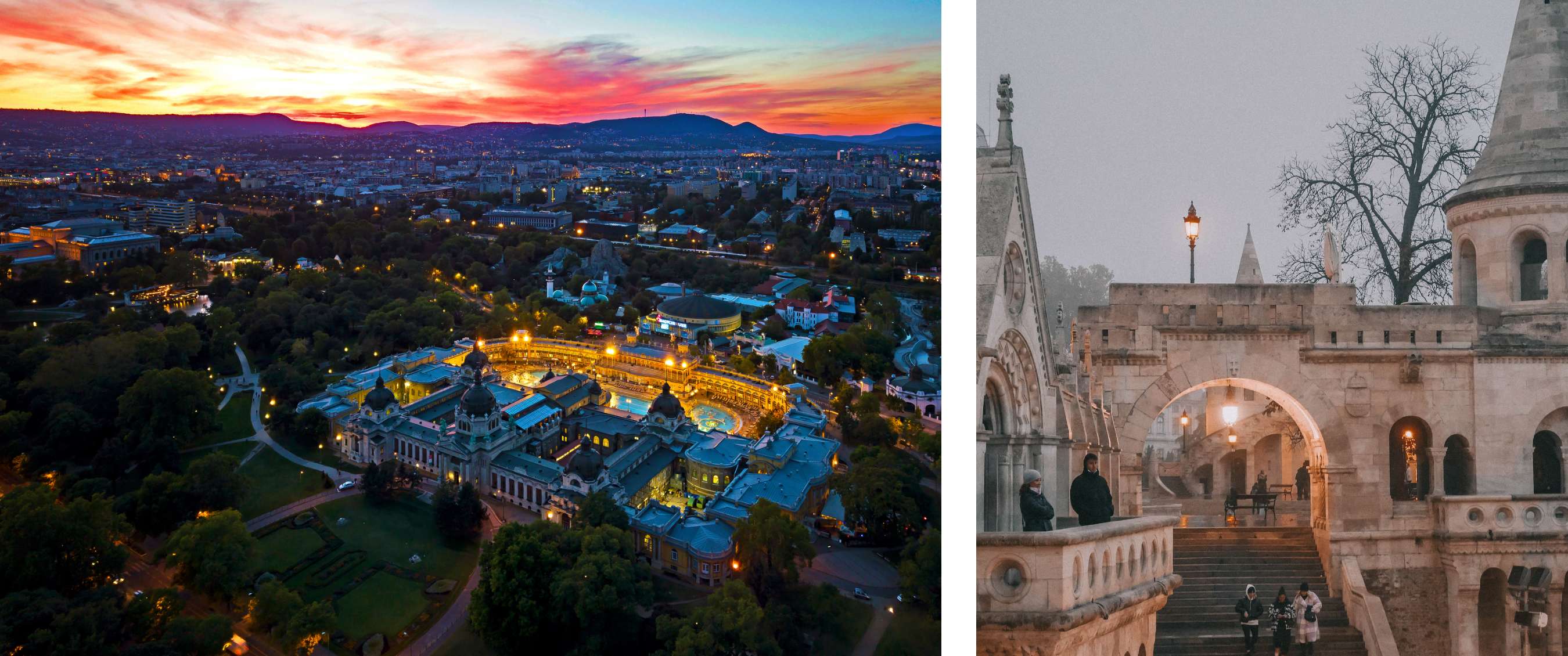 foto links <Luchtfoto van Boedapest bij zonsondergang met verlichte gebouwen en de Széchenyibaden in het midden.> foto rechts <Mensen wandelen tussen bogen en torens van het vissersbastion bij avondlicht.> 