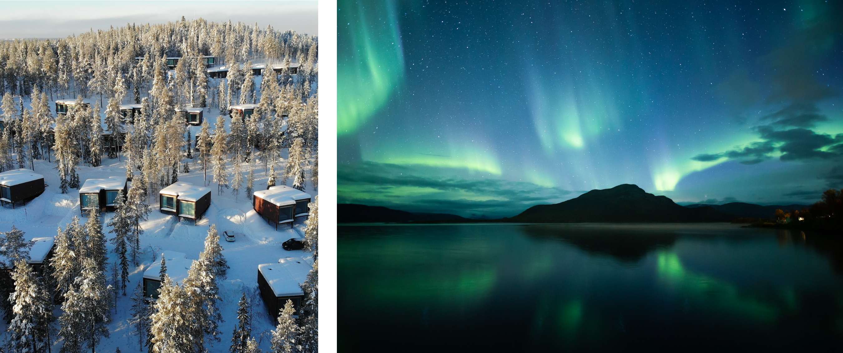 foto links <Luchtfoto van moderne houten hutten tussen met sneeuw bedekte bomen in een winterbos.> foto rechts <Groen noorderlicht danst boven een meer met weerspiegeling en donkere bergen op de achtergrond.>
