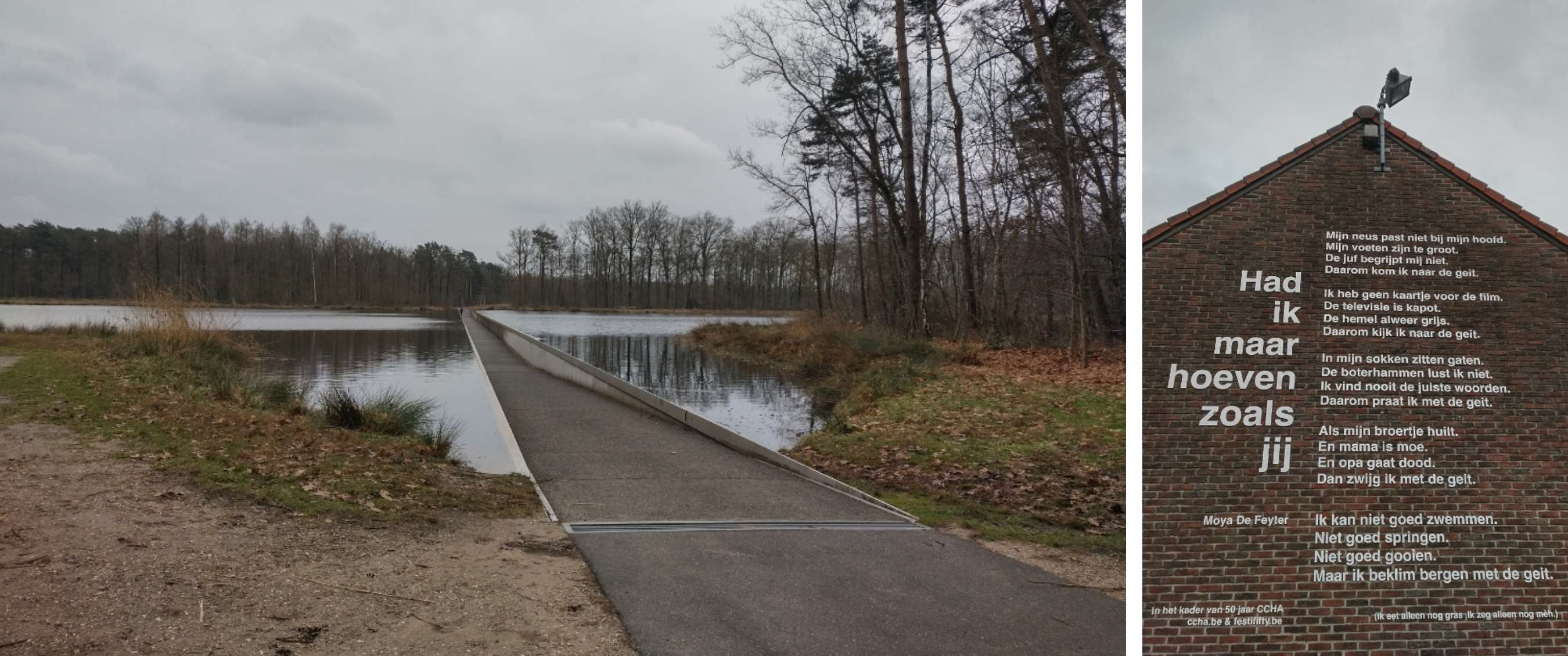 Twee beelden: smal pad door water bij een bos; muur met gedicht en de tekst “Had ik maar hoeven zoals jij”.
