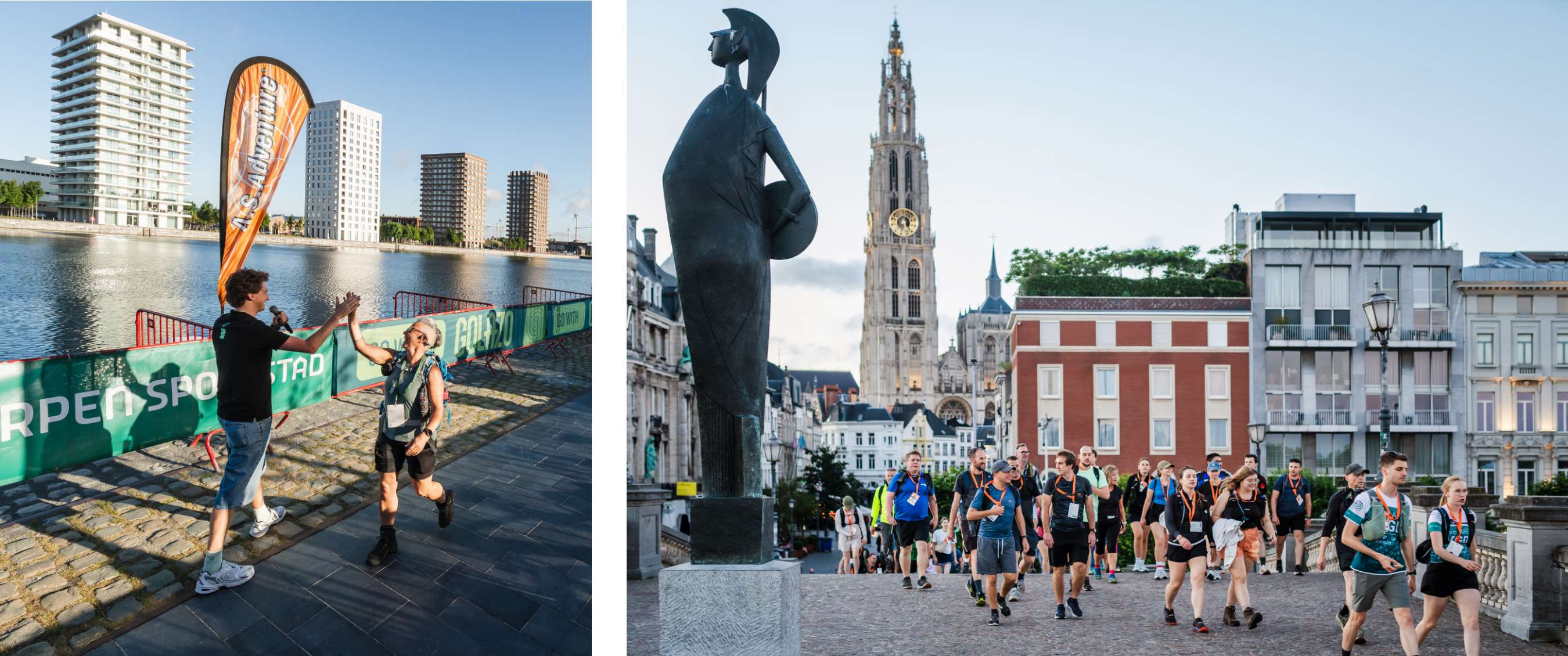 Twee beelden: Deelnemer krijgt high five langs het water met banner “A.S.Adventure”; groep wandelaars bij standbeeld met Onze-Lieve-Vrouwekathedraal op de achtergrond.
